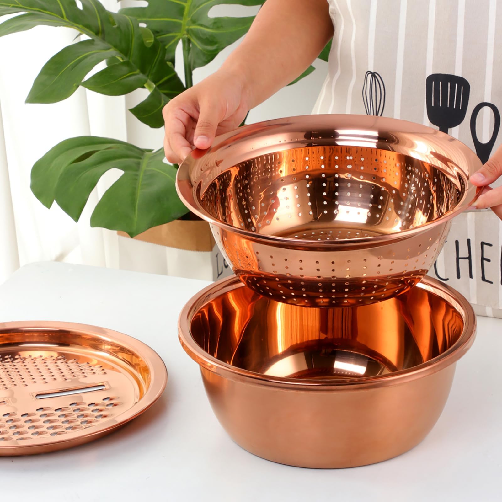 Premium 3-in-1 Stainless Steel Colander Set - Fine Mesh Kitchen Strainer for Fruits & Vegetables - Rose Gold Design - Ideal for Washing, Draining & Serving Salads, Pasta, Berries