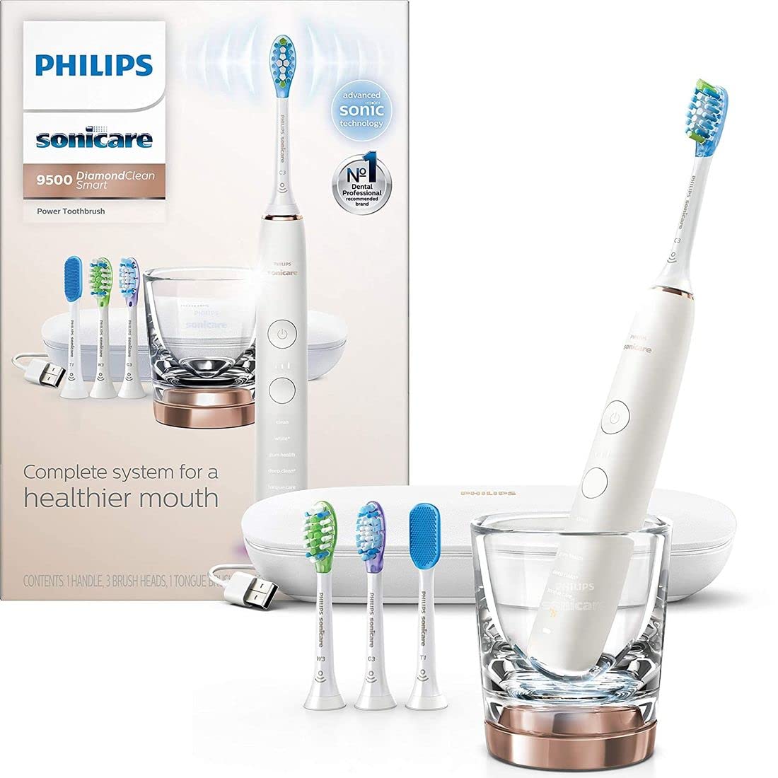 Philips Sonicare HX9924/61 DiamondClean Smart Electric Toothbrush - 5 Brushing Modes, 3 Intensity Levels, USB Travel Case & Glass Charger - Perfect for Travel, Home & Professional Dental Care