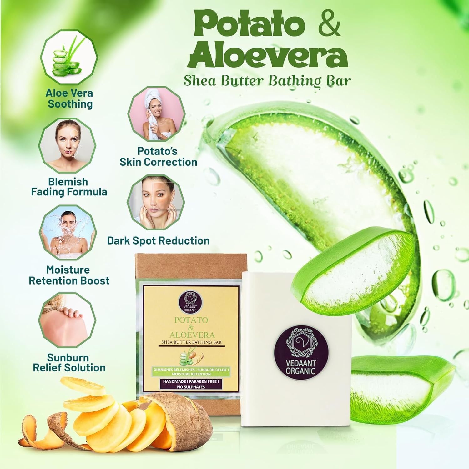 Natural Potato & Aloe Vera Bathing Bar Soap - Chemical-Free, 125g | Gentle Cleansing for Sensitive Skin, Moisturizing Body Wash for Dry Skin, Eco-Friendly Handmade Soap for Daily Use