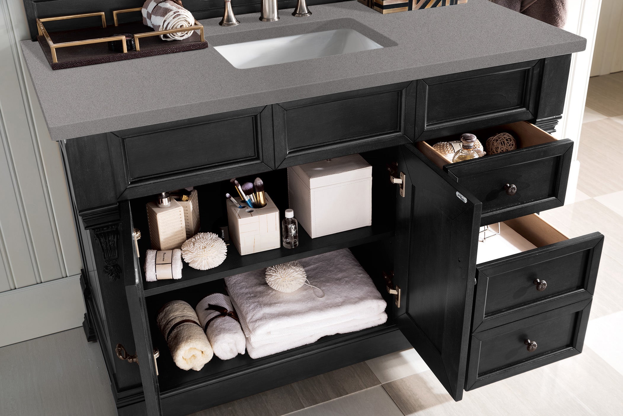 Brookfield 48 Inch Single Bathroom Vanity Set with Antique Black Finish & 3CM Grey Expo Quartz Top - Perfect for Modern and Traditional Bathroom Designs