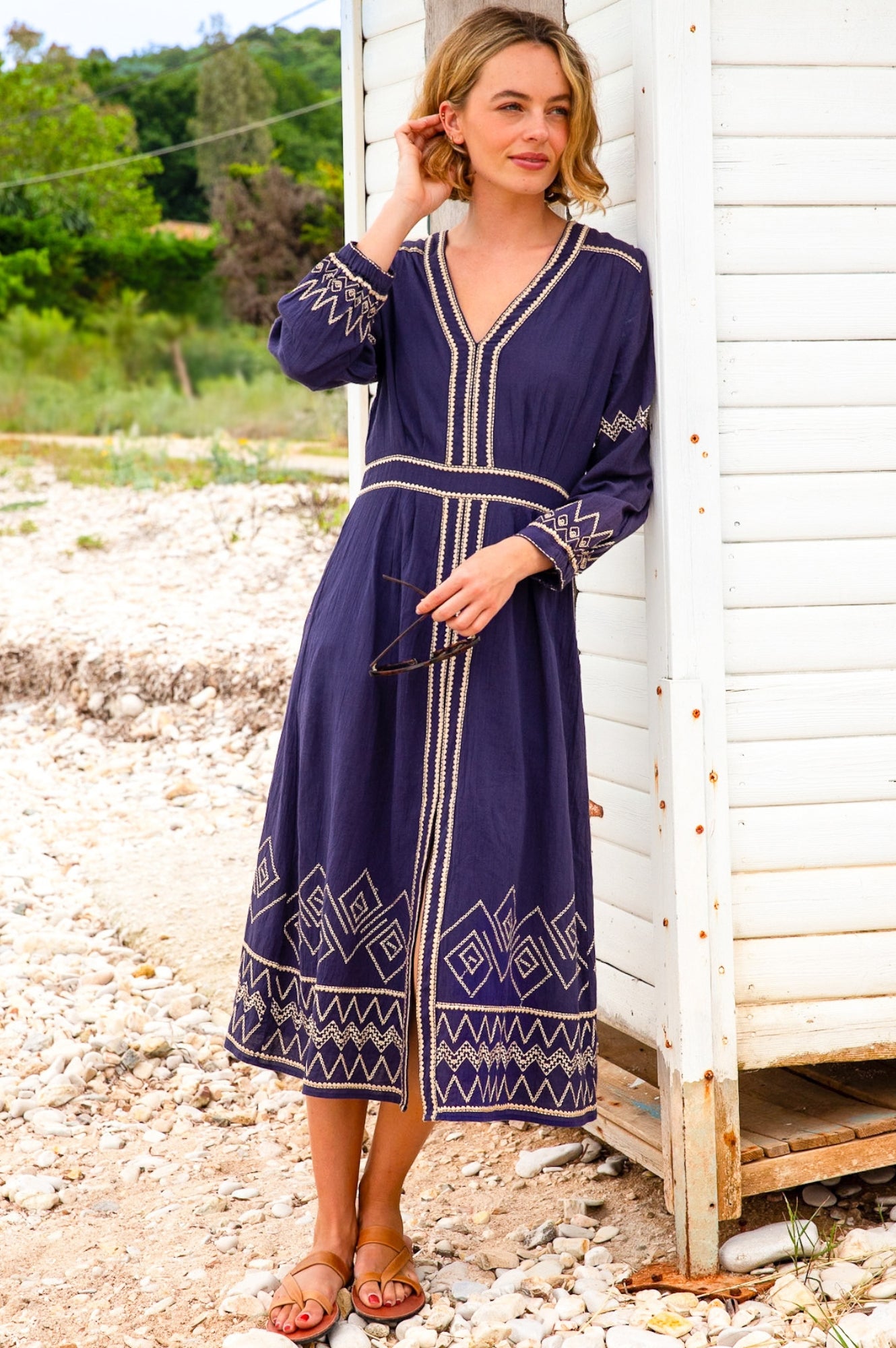 Jamila Embroidered Dress for Women - Navy Blue & Gold Floral Maxi Dress | Elegant Boho Chic Dress for Weddings, Parties & Special Occasions