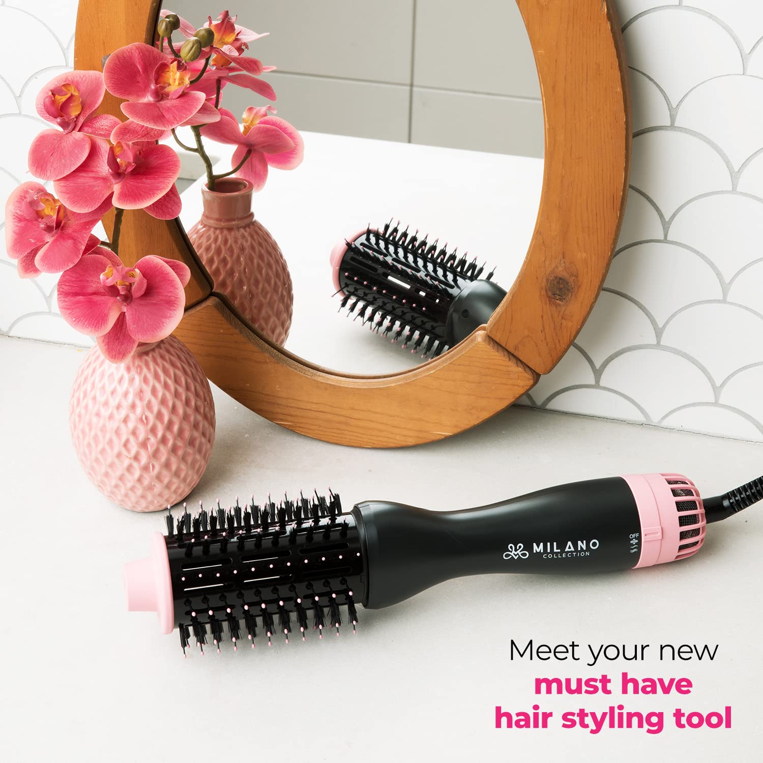 Milano Collection Hot Air Hair Brush Dryer - Lightweight Round Blow Dry Brush for Quick Styling & Volume | Perfect for Human Hair Wigs & Natural Hair | Salon-Quality at Home, Travel & Daily Use (Black)