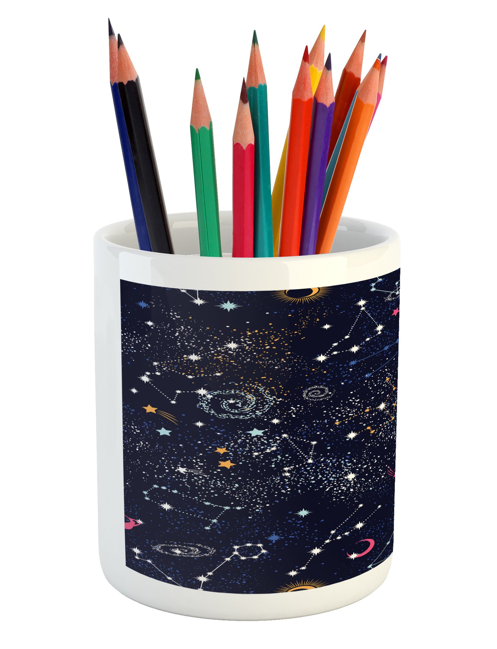 Lunarable Constellation Ceramic Pen Holder - Star Clusters, Galaxies & Planets Astrology Design | Desk Organizer for Office & Home | Perfect Gift for Astronomy Lovers & Stationery Enthusiasts
