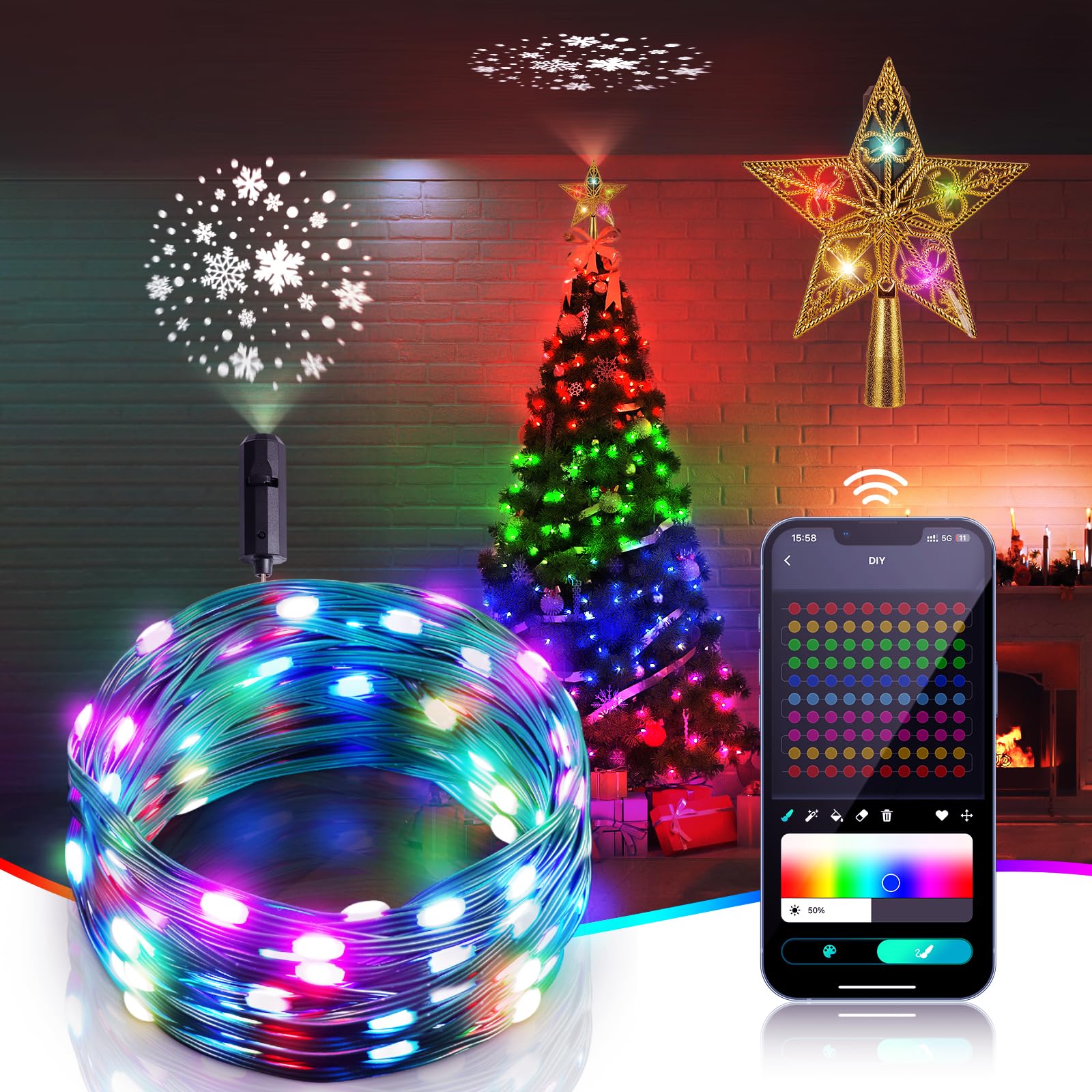 100 LED 32.8FT Smart Color Changing Christmas Lights - Multicolor Indoor/Outdoor String Lights with APP & Remote Control, Music Sync, Tree Topper & Snowflake Projection | Perfect for Holiday Decorations, Christmas Trees, Parties, Weddings and Outdoor Lighting