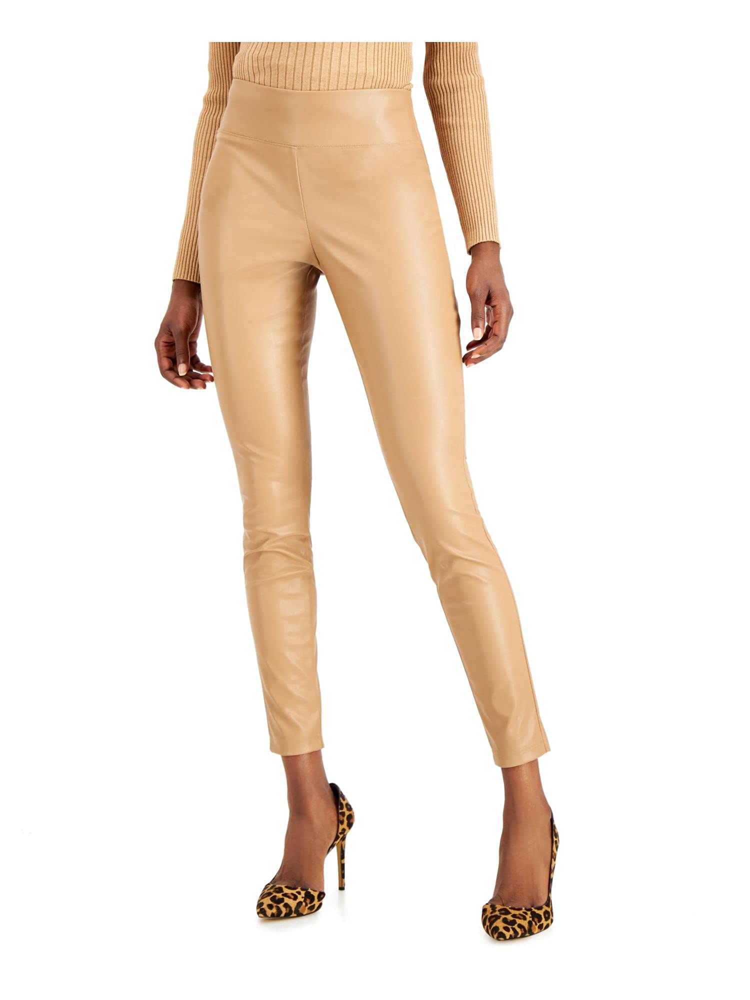 INC International Concepts Women’s Faux-Leather Leggings - Ginger Crisp (16) Beige | High Waist Stretch Pants for Work, Party & Everyday Wear