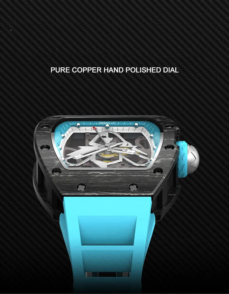 Premium CRONUSART Men's Automatic Skeleton Watch - Luxury Tonneau Design with Carbon Fiber Case, Luminous Hands & Fluororubber Strap - Perfect for Business, Formal Events & Gift Giving