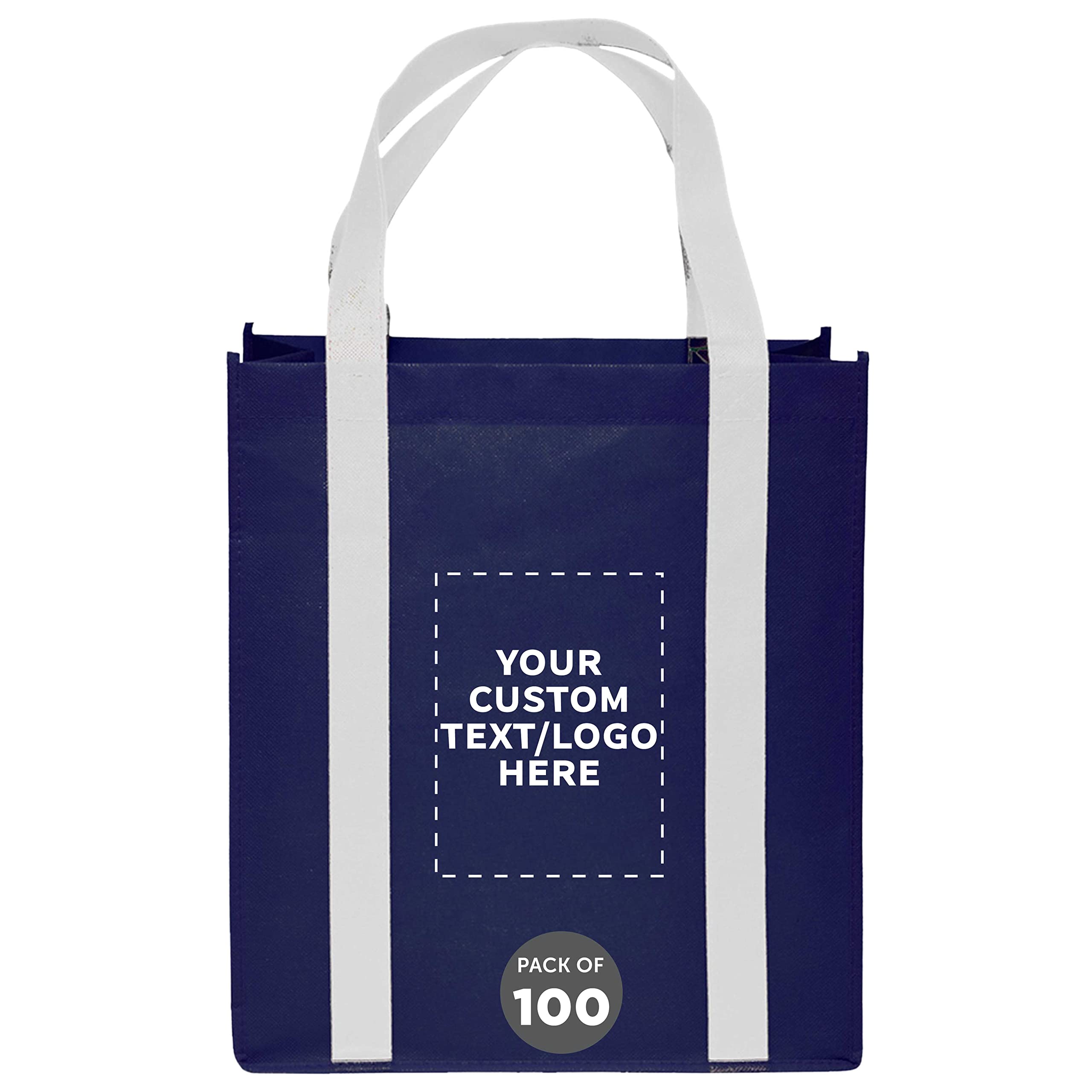 Custom Non-Woven Reusable Shopping Tote Bags Bulk Pack of 100 - Personalized Eco-Friendly Grocery Bags for Shopping, Beach, Picnic, Wedding Favors & Promotional Events - Navy & White Color Options