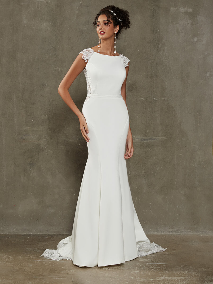 Elegant Double FDY Illusion Back Cap Sleeve Mermaid Wedding Dress with Lace Train - Perfect for Beach, Church, and Formal Wedding Ceremonies