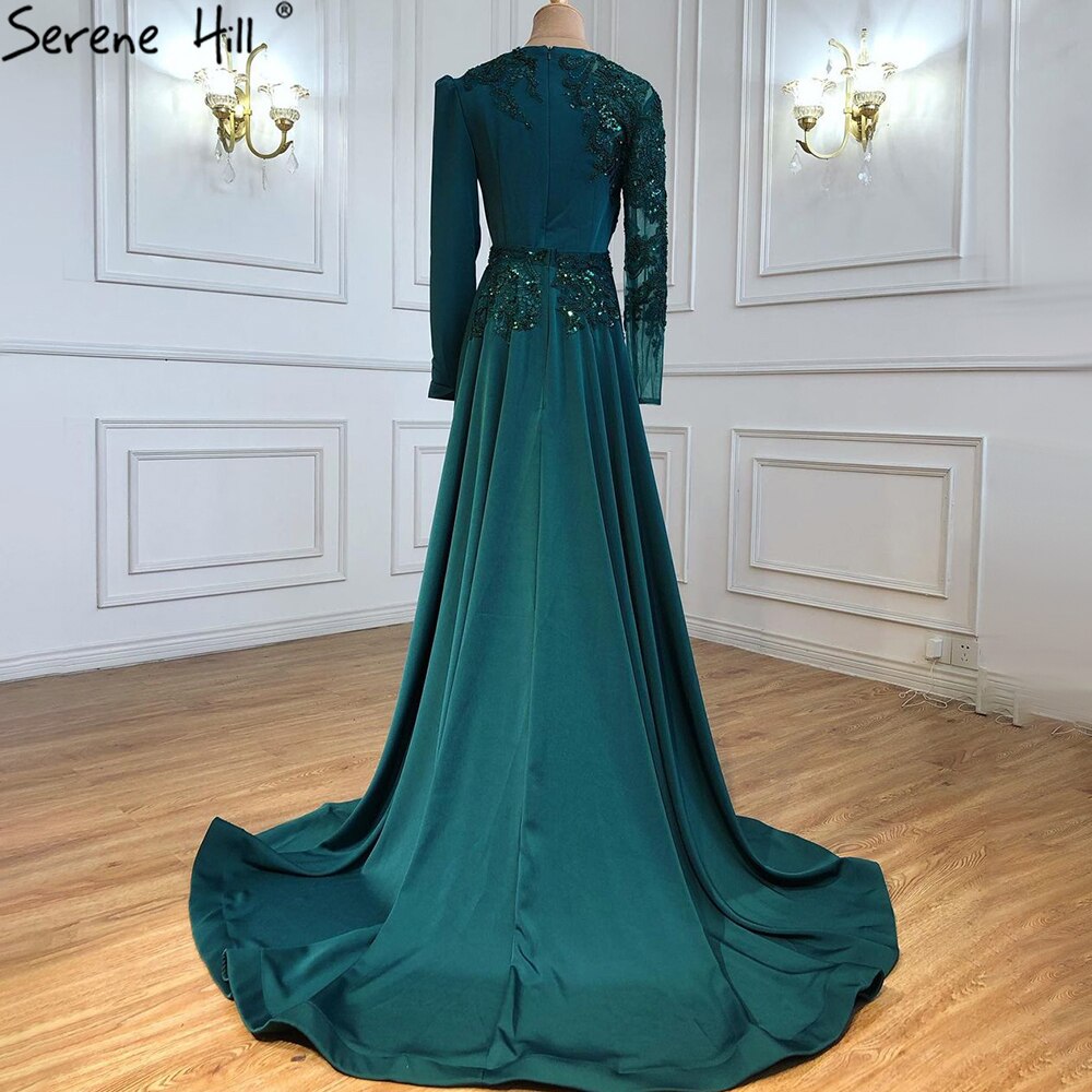 Elegant Muslim Green Mermaid Satin Evening Dress with Beading - Luxury Women's Party Gown for Weddings, Prom & Special Occasions - Serene Hill LA71124