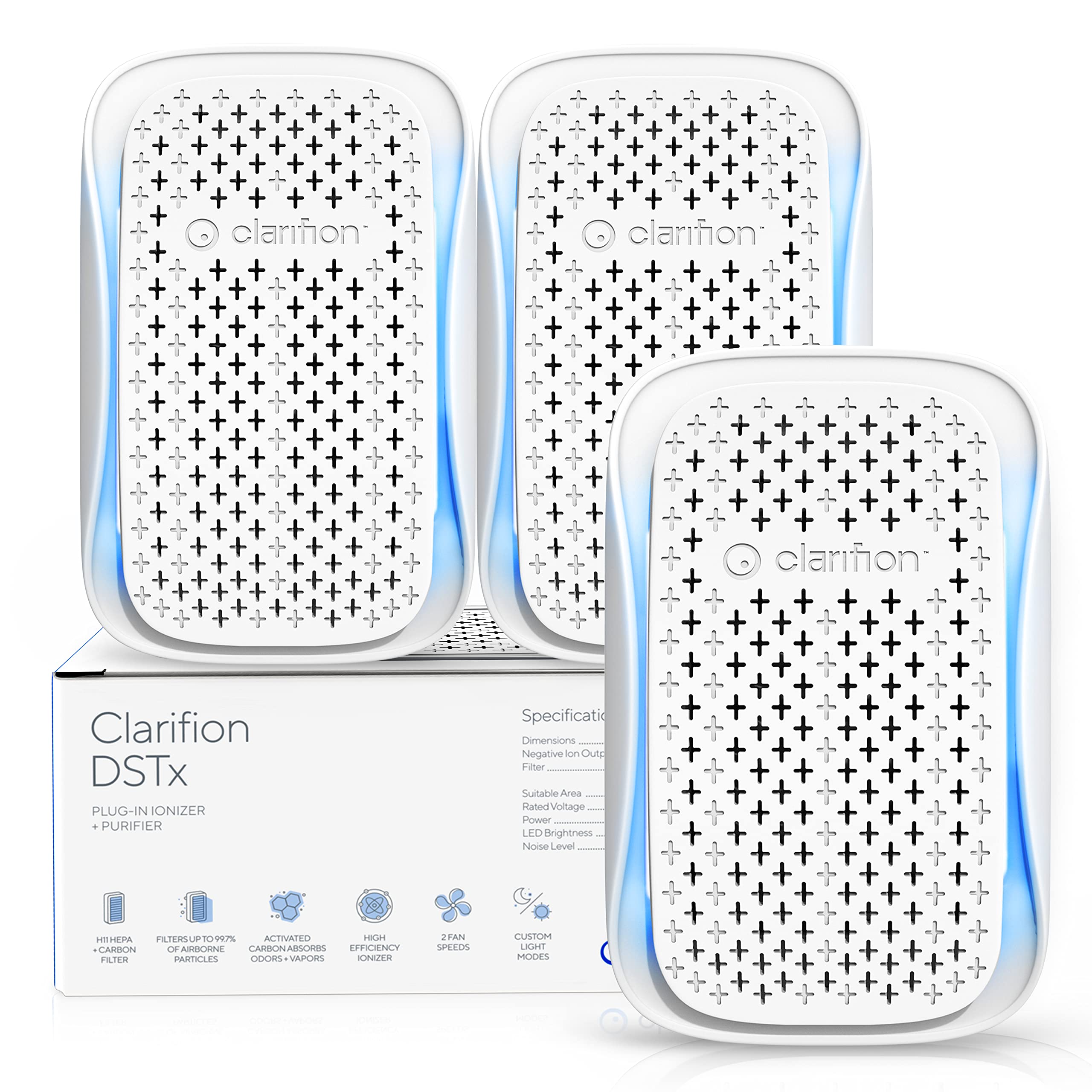 Clarifion DSTx 2.0 Portable Air Purifier 3 Pack - Plug-in Ionic Air Cleaner with HEPA Filter, Mini Personal Air Purifier for Bedroom, Office, Travel | Eliminates Dust, Smoke, Pet Dander & Odors | Perfect for Home, Baby Nursery & Pet Areas