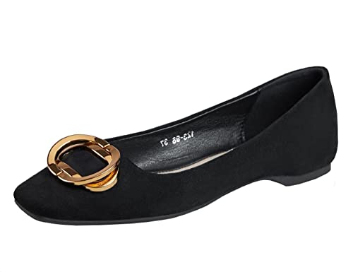C.PARAVANO Women's Suede Ballet Flats with Buckle - Comfortable Black Flat Shoes for Women | Perfect for Office, Casual Wear & Travel