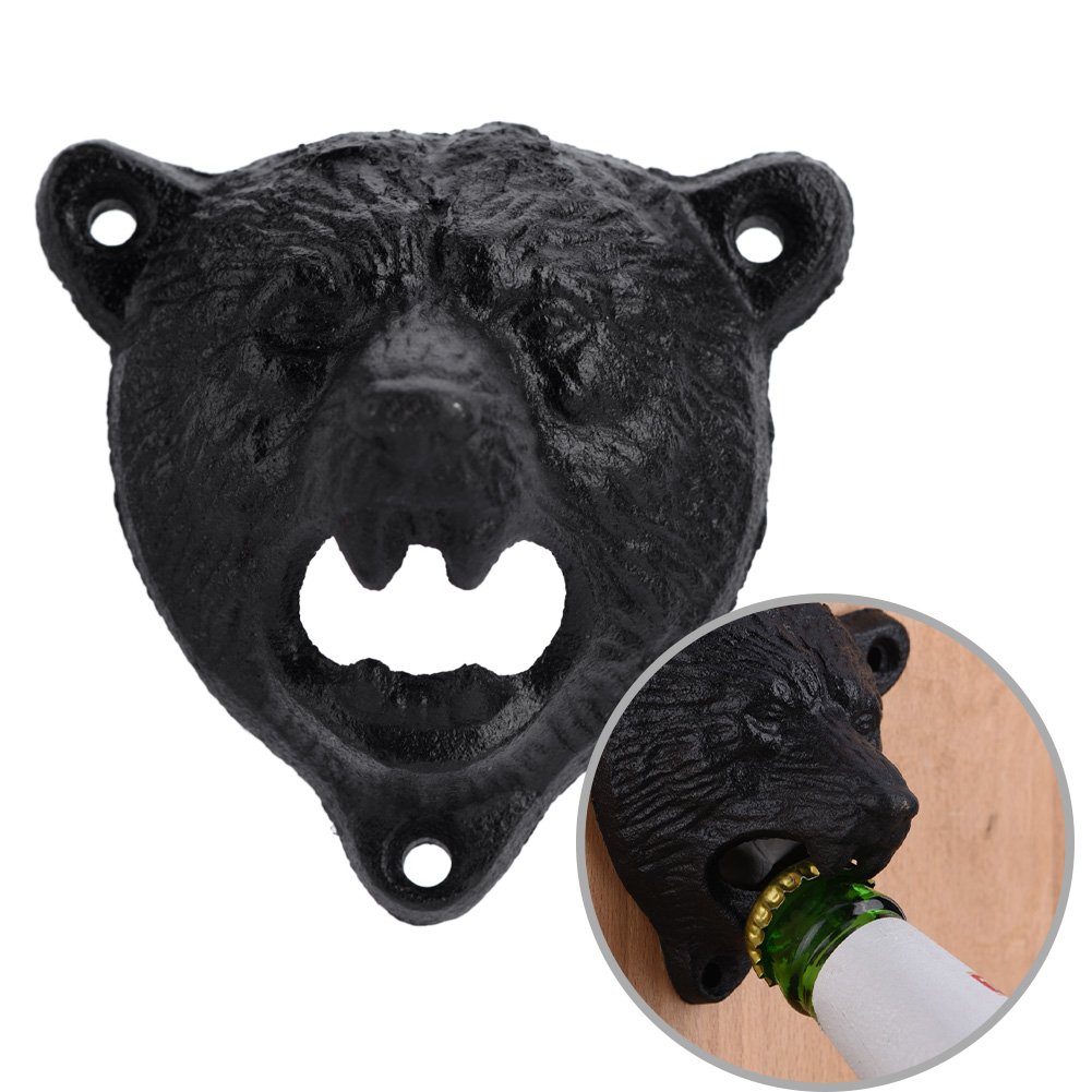 Black Bear Shaped Cast Iron Wall Mounted Bottle Opener - Heavy Duty Rustic Beer, Soda & Glass Bottle Opener for Kitchen, Bar, Restaurant - Perfect for Home Brewing, Parties & Outdoor BBQs