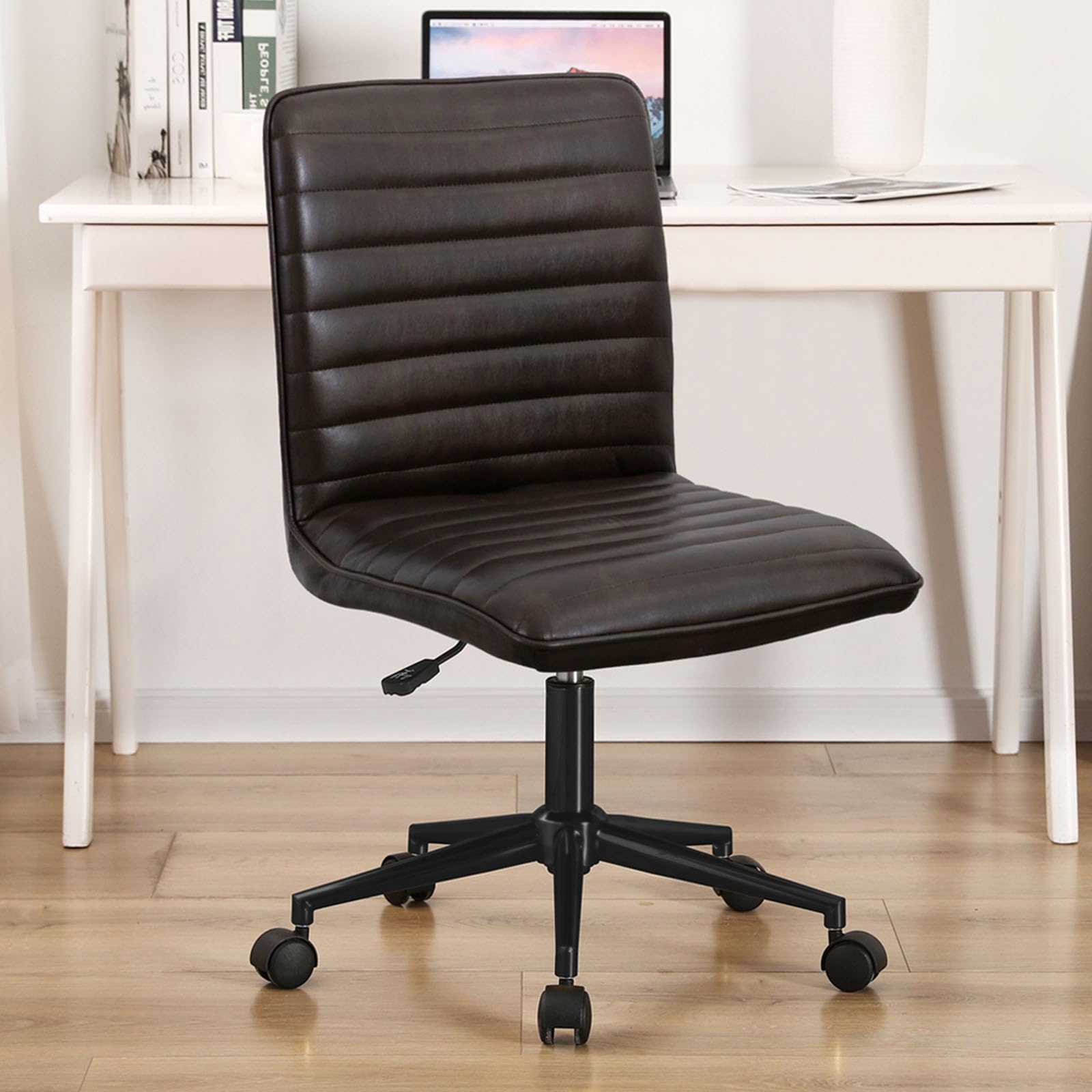 Furnimart Modern Armless Office Desk Chair - Genuine Leather Task Chair with Mid-Back Support, 360° Swivel & Height Adjustable - Ergonomic Home Office Chair for Small Spaces (Black/Brown) - Perfect for Home Offices, Study Rooms & Workspaces
