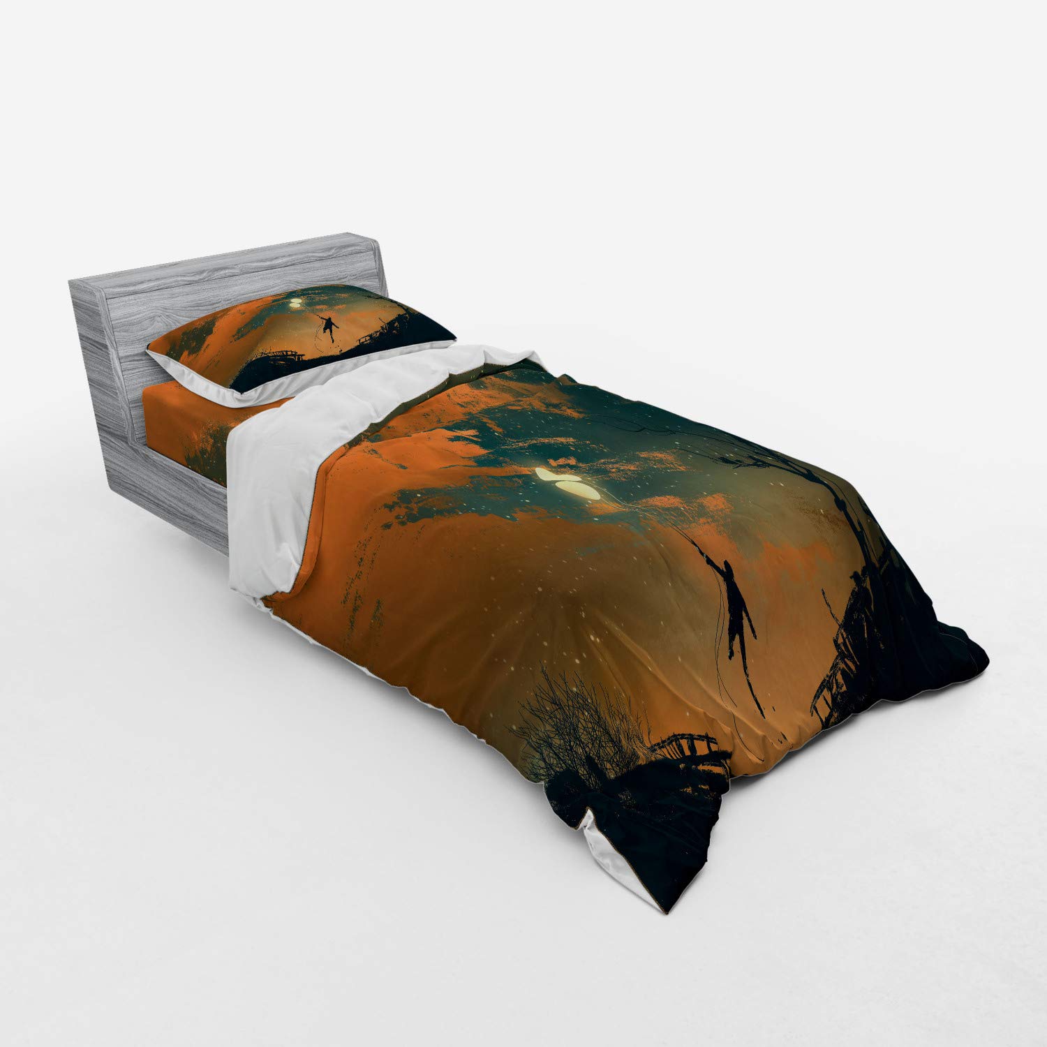 Ambesonne Fantasy Duvet Cover Set - Flying Man with Balloons in Starry Night Sky, Freedom Fun Theme 3-Piece Bedding Set with Pillow Sham & Fitted Sheet, Twin XL Size, Orange Ash Grey - Perfect for Kids' Rooms, Themed Bedrooms & Whimsical Decor