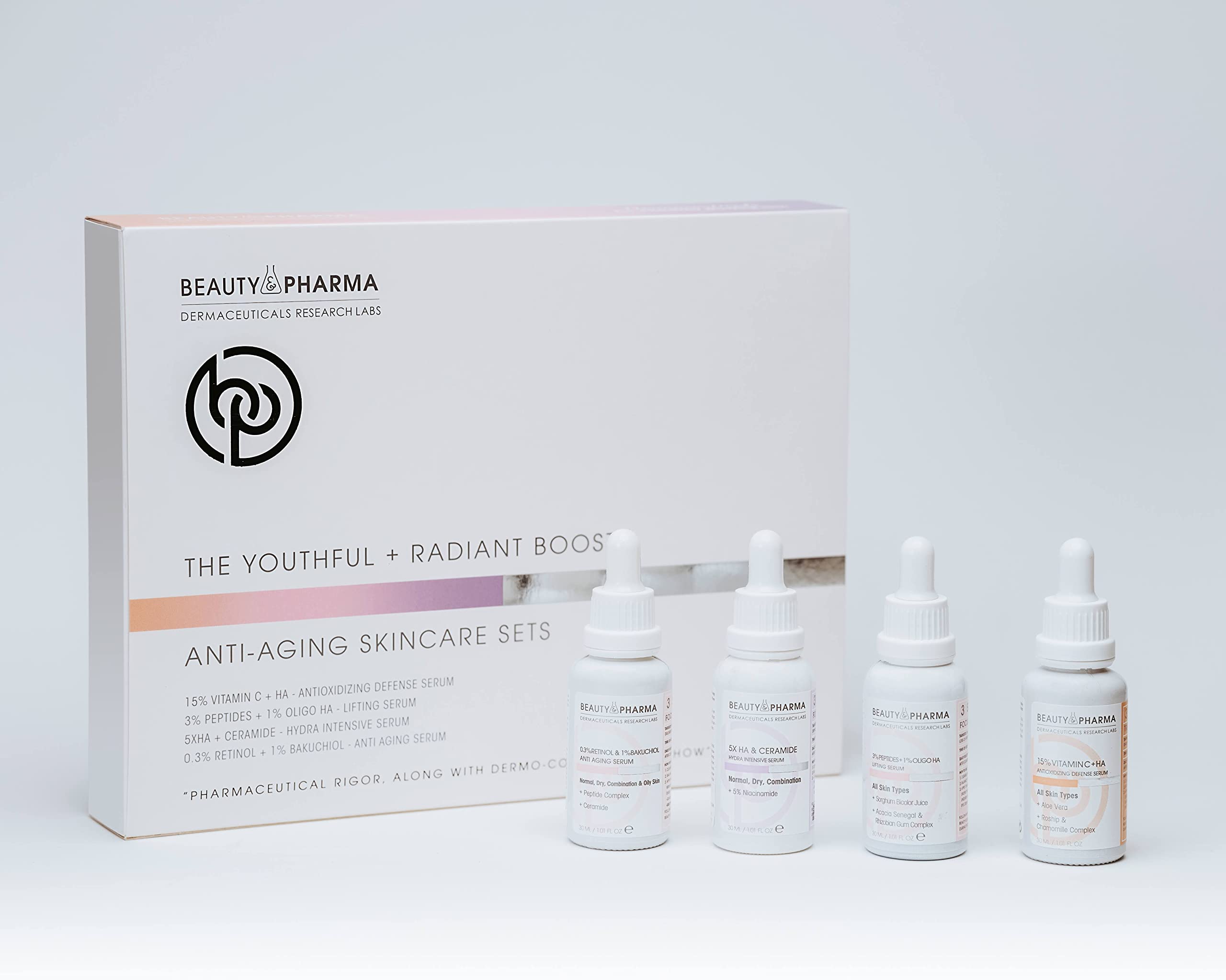 BP Derma Youthful and Radiant Anti-Aging Skincare Kit - 24 Hour Hydration with Hyaluronic Acid Serum, Vitamin C, Retinol & Niacinamide - Daily Face Care Routine for Glowing Skin at Home or Travel