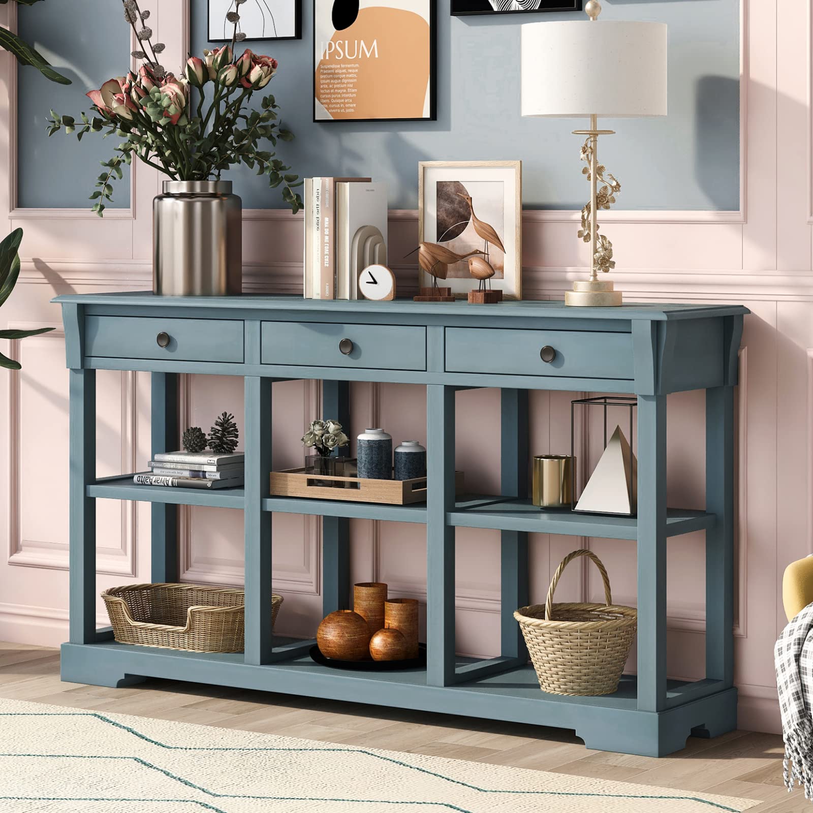 Vintage Narrow Console Table with 3 Drawers & Open Shelves - Solid Wood Sofa Table, Sideboard Buffet for Living Room, Entryway, Kitchen - Teal Blue Home Decor for Small Spaces & Apartment Entryways