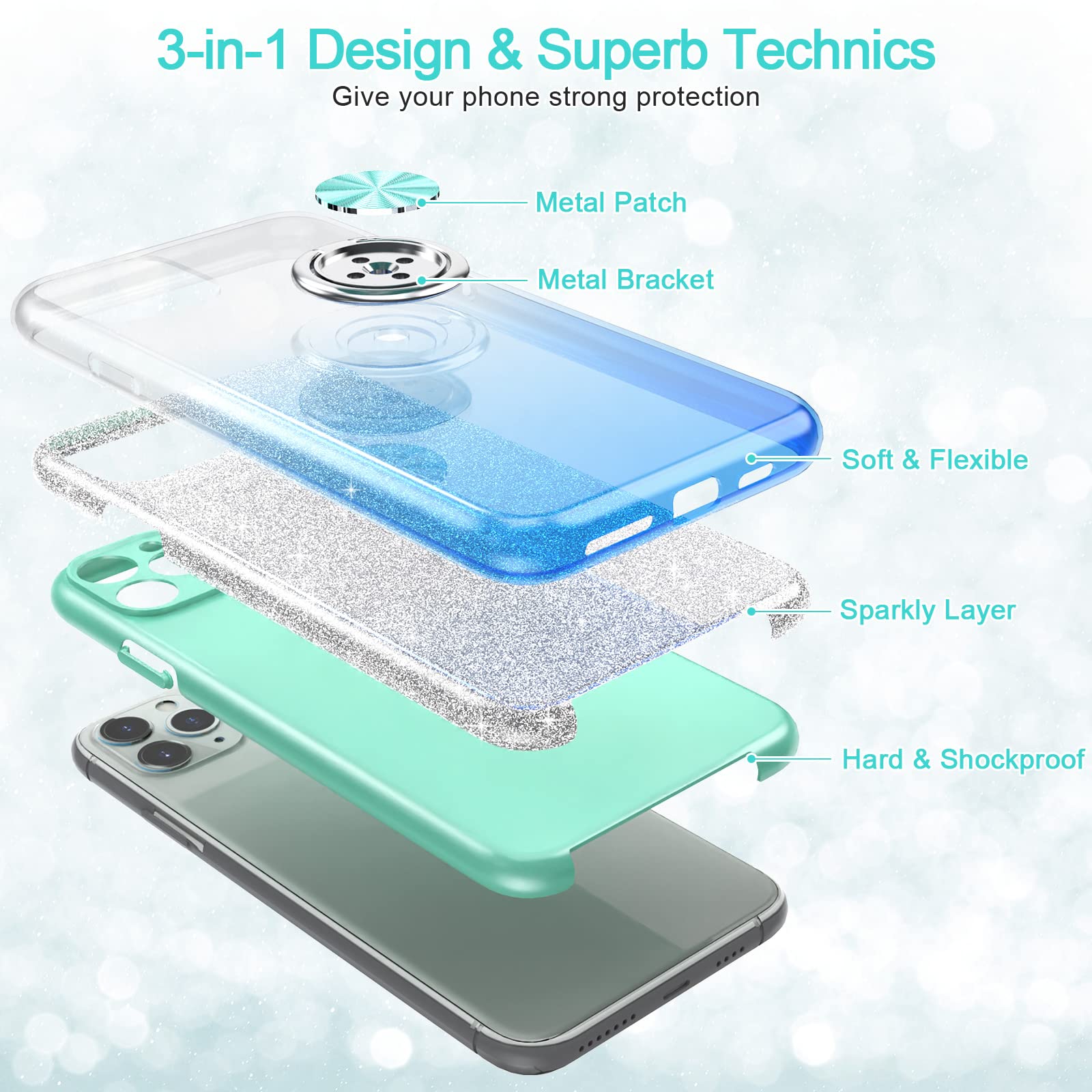 Slim Glitter Sparkly Case with 360° Ring Holder & Kickstand for iPhone 11 Pro Max (6.5