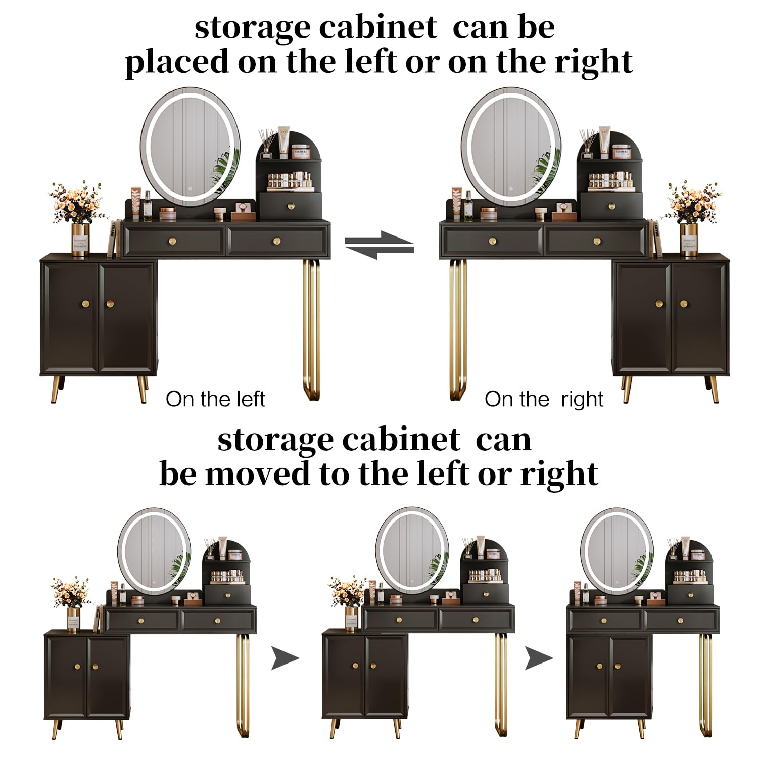 Modern Vanity Desk with Mirror & LED Lights - Small Makeup Table with 2 Spacious Drawers & Adjustable Cabinet - Elegant Dressing Table for Bedroom, Makeup Room, Home Office or Writing Desk - Perfect for Daily Beauty Routine & Workspace Organization