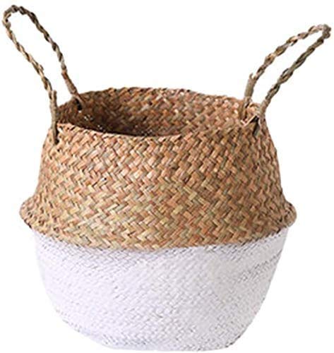INSO Natural Woven Seagrass Belly Basket - Foldable Picnic & Grocery Basket with Handles | Eco-Friendly Storage for Plants, Laundry, Beach & Nursery | Perfect for Home, Garden & Outdoor Use (X-Small, White)