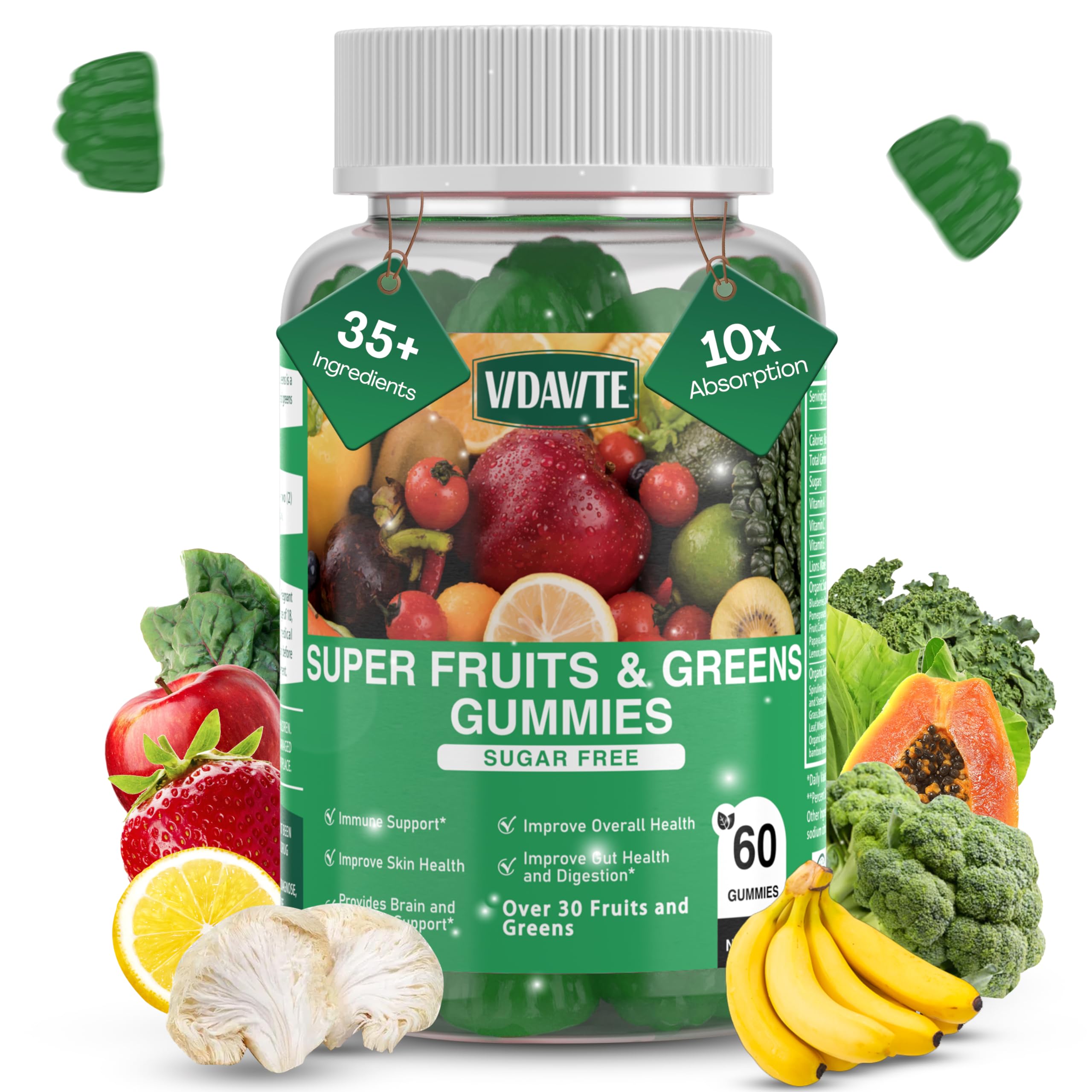 Sugar-Free Fruit and Veggie Gummies with 35+ Greens, Vitamins for Immunity, Skin & Gut Health — Best Fruit & Vegetable Supplement for Adults & Kids (60 Gummies) — Perfect for Daily Nutrition, Travel & On-the-Go Wellness