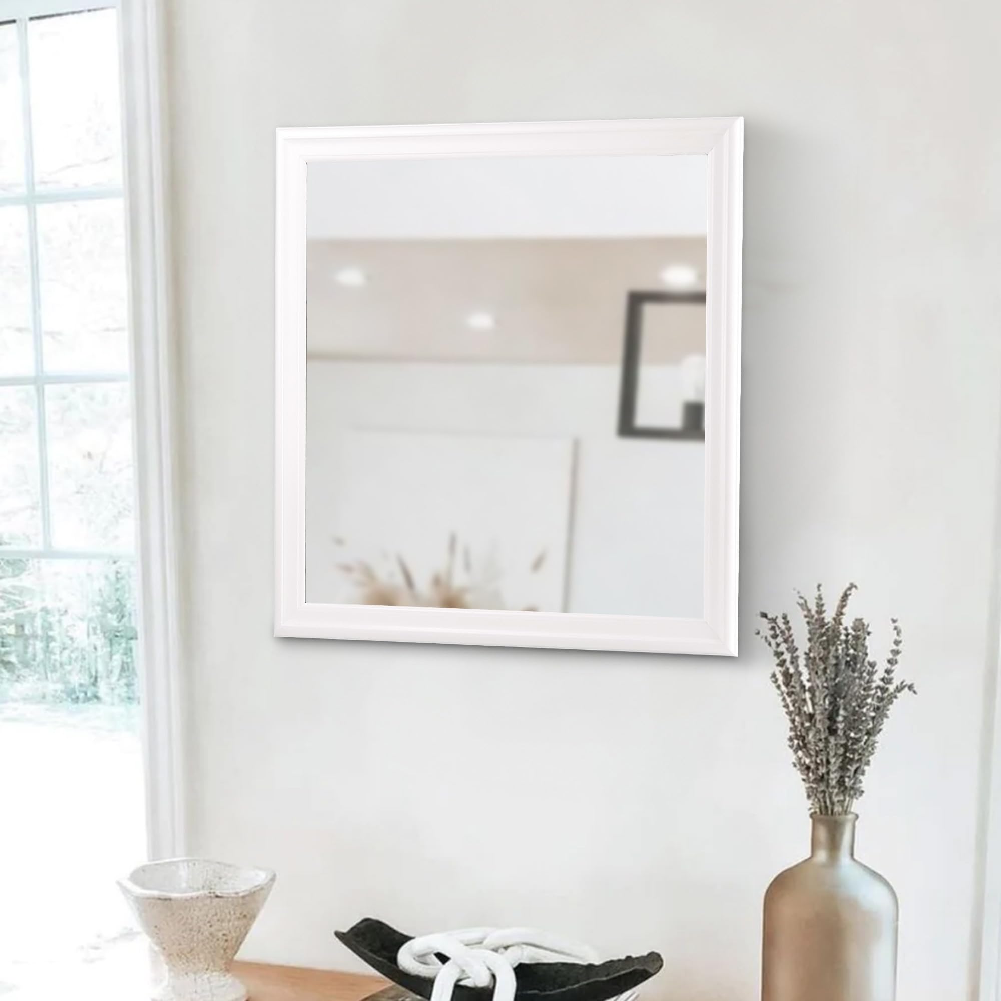Benjara Transitional Square Mirror with Wooden Frame & Convex Edges - White | Elegant Wall Decor for Living Room, Bedroom & Entryway