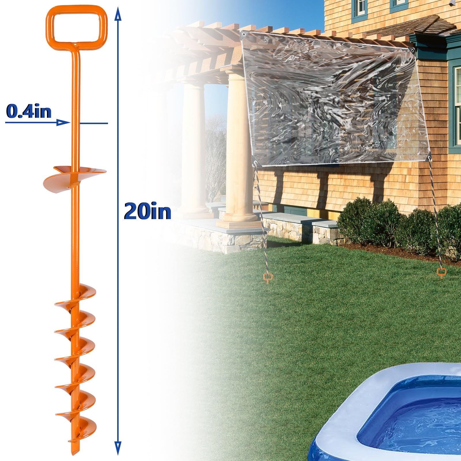 2024 Heavy Duty Screw-In Tent Stakes with Adapter - 20in Orange Ground Anchors for Camping, Trampolines & Mobile Homes (2PCS) - Perfect for Outdoor Adventures, Windy Conditions & Secure Shelter Setup