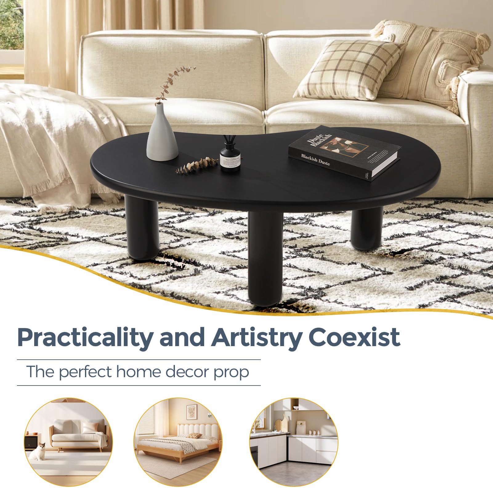 MAXYOYO 35.4 Inch Modern Cashew-Shaped Coffee Table - Unique Cloud Design Round Center Table for Living Room, Black | Perfect for Small Spaces, Apartments & Cozy Home Decor