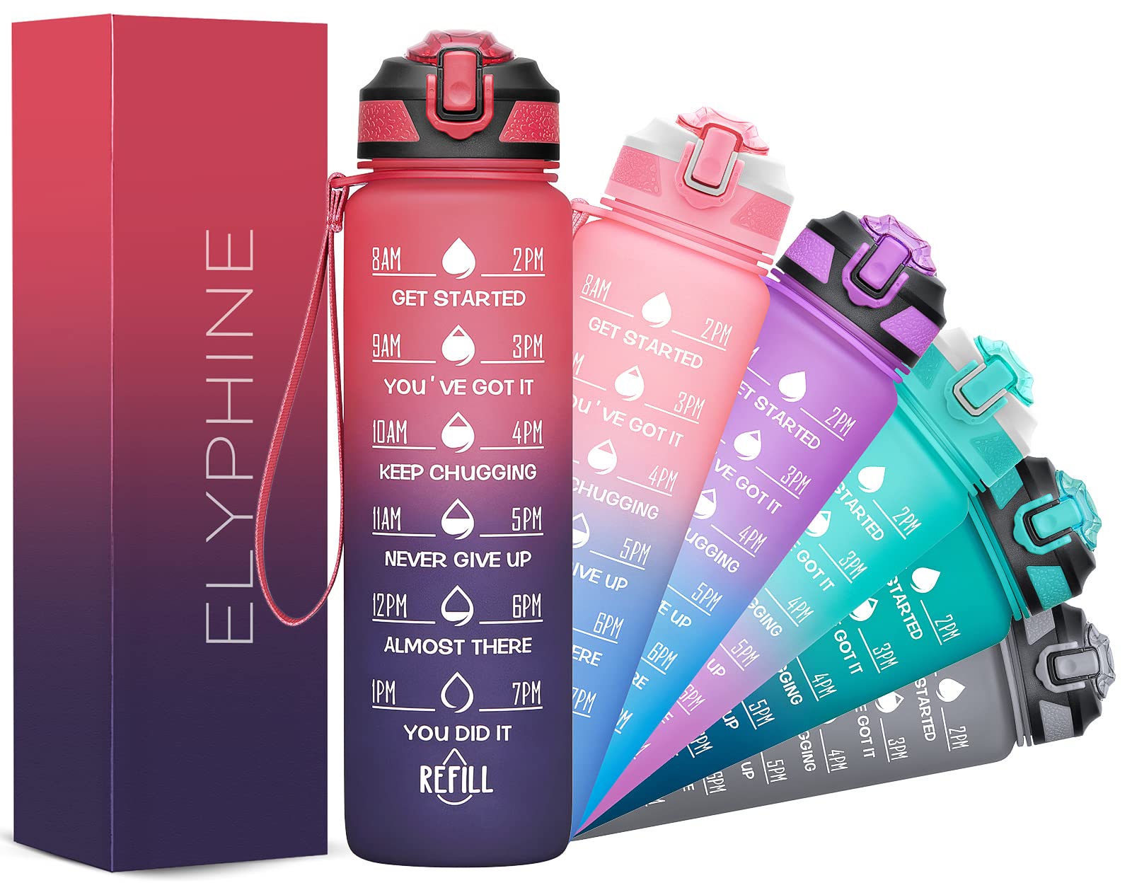 ELYPHINE 32/24 oz BPA-Free Tritan Water Bottle with Removable Straw & Time Marker - Motivational Sports Bottle for Gym, Running, Hiking & Outdoor Activities - Leakproof Water Jug for Fitness & Daily Hydration