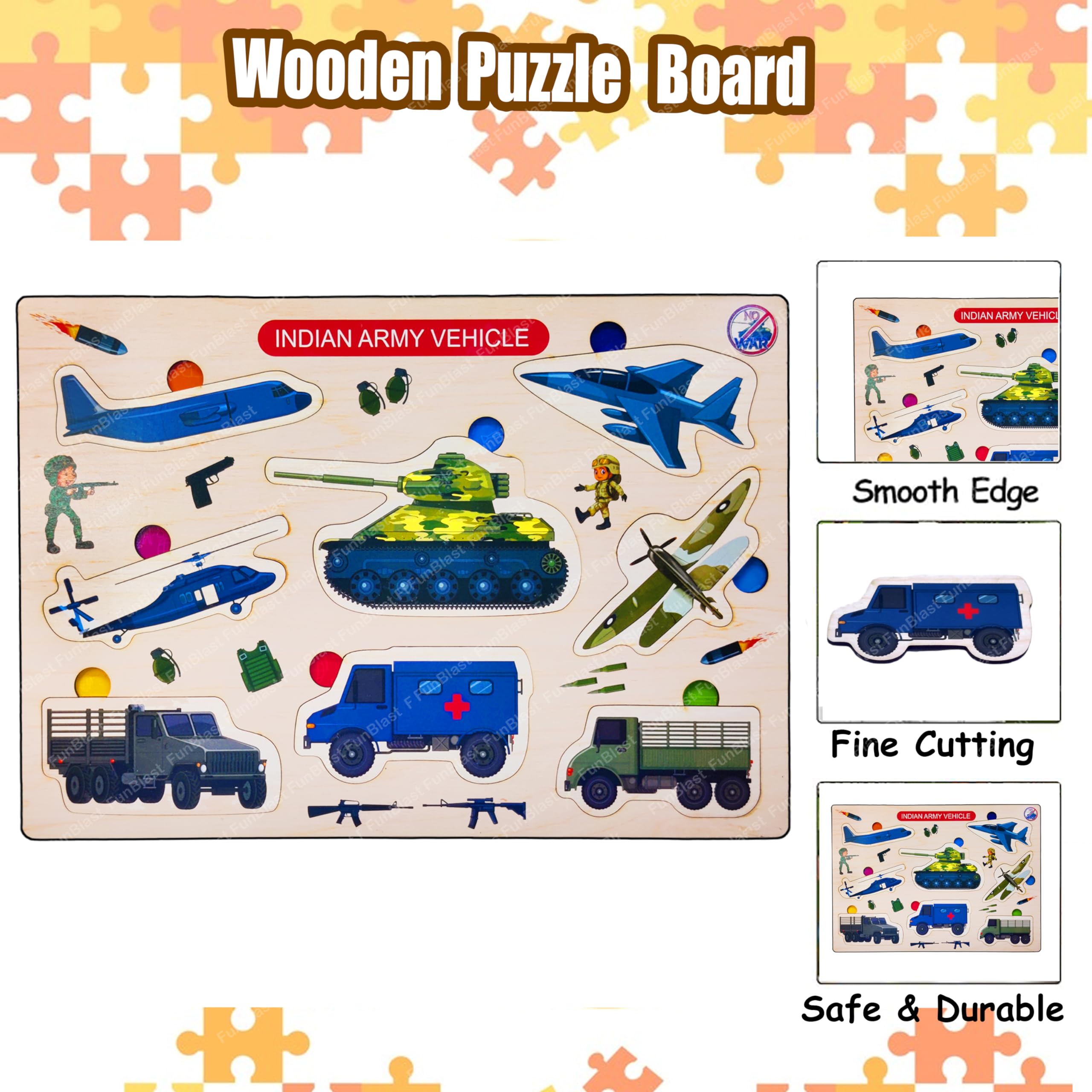 FunBlast Wooden Army Vehicle Puzzle Board - Colorful Educational Learning Toy for Kids, Boys & Girls | STEM Toy for Early Childhood Development & Creative Play