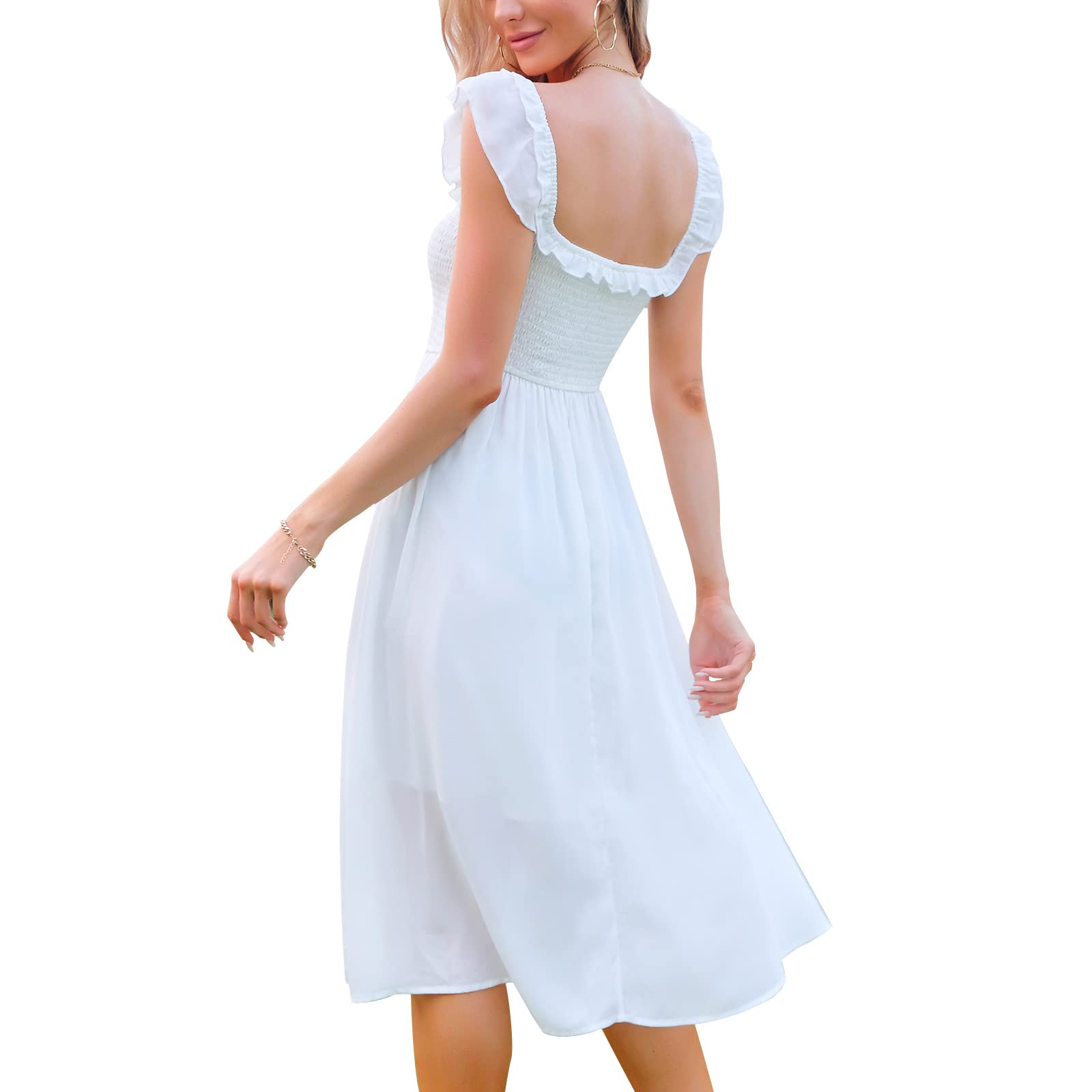 EXLURA Women's Floral Print Square Neck Sleeveless A-Line Midi Dress with High Waist, Ruffle & Smocked Backless Design - Perfect for Summer Weddings, Beach Vacations and Date Nights