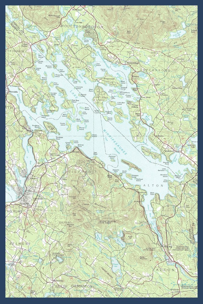 Lake Winnipesaukee, New Hampshire - 24x36 Signed Map Art Print (46180) | Vintage Wall Decor Poster for Home, Office & Cabin Decorating