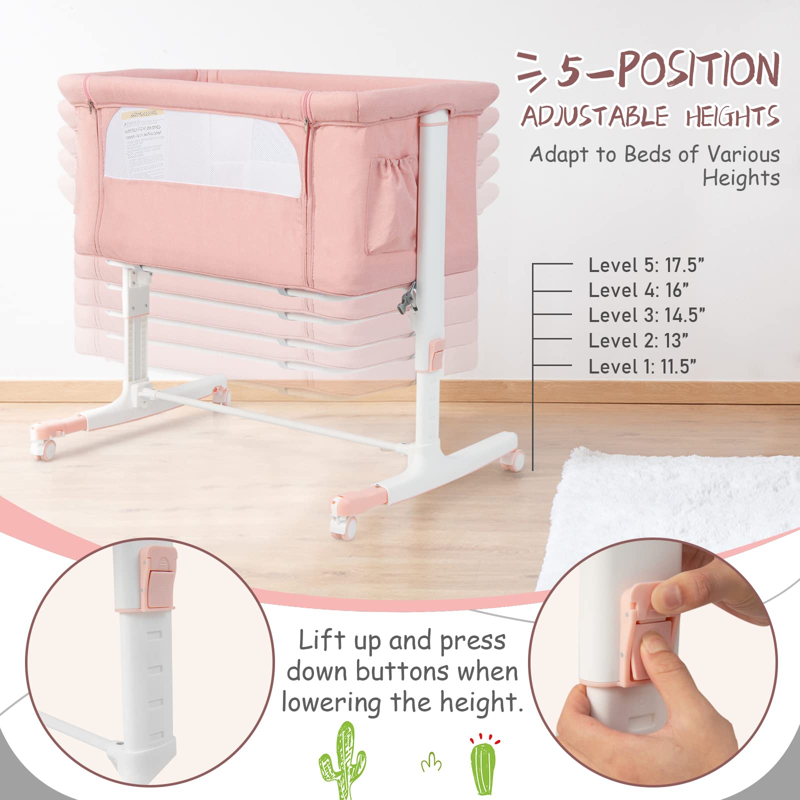 HONEY JOY 3-in-1 Portable Baby Bassinet Bedside Sleeper - Adjustable Height Folding Crib with Wheels, Mattress & Carry Bag for Newborns & Infants (Pink) | Perfect for Nursery, Bedside Co-Sleeping & Travel