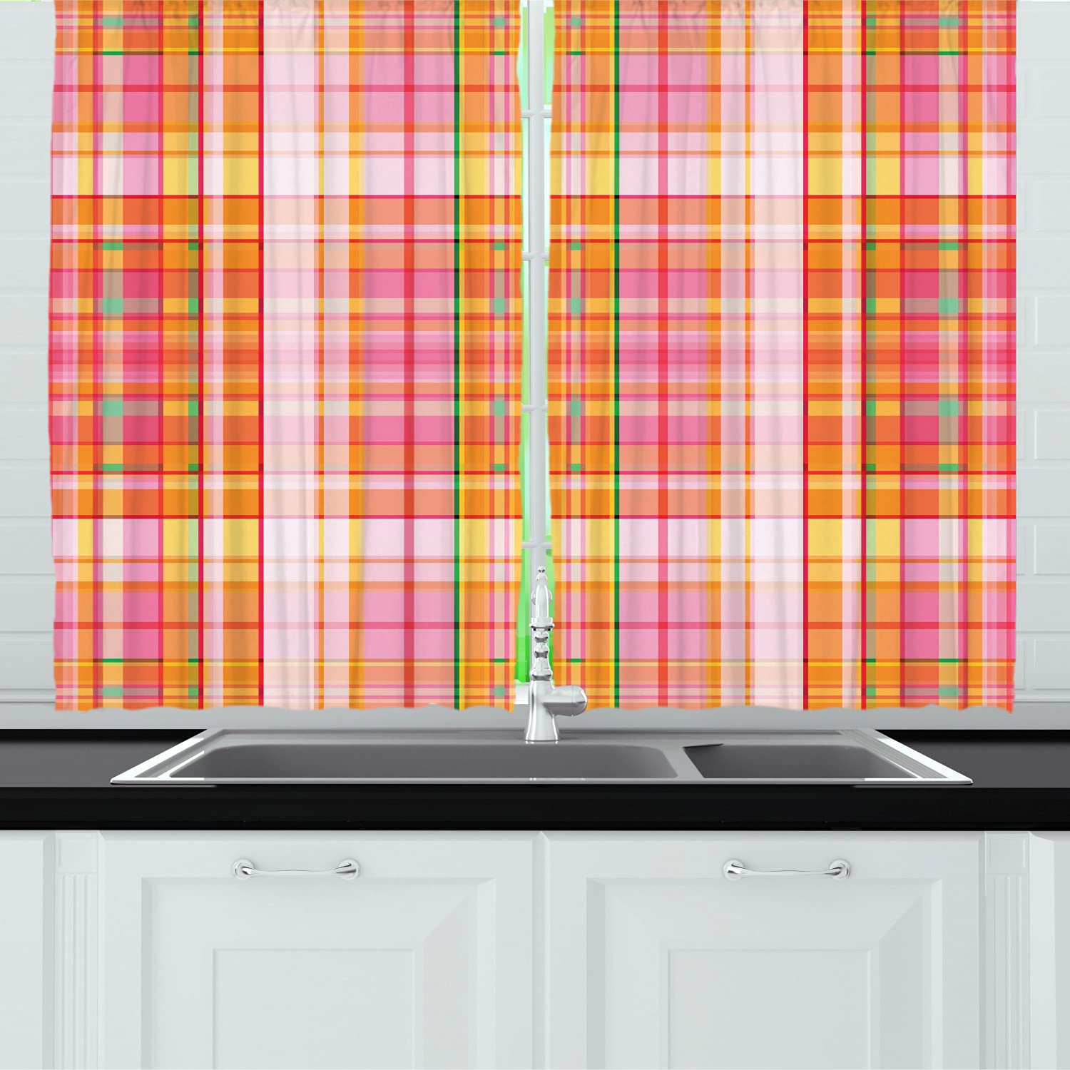Ambesonne Pink and Orange Geometric Tartan Checkered Plaid Kitchen Curtains - 2 Panels with Rod Pocket, 55