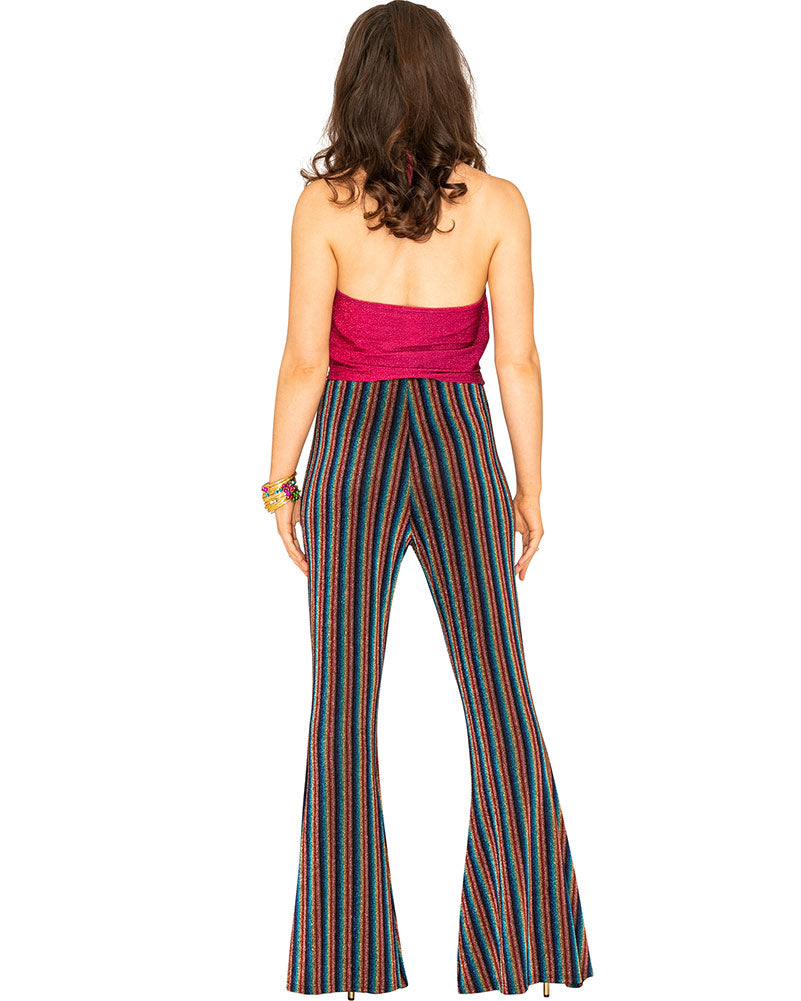 70s Rainbow Sparkle Disco Fever Women's Flare Pants - Retro High Waisted Bell Bottom Jeans for Dance Parties & 70s Theme Events