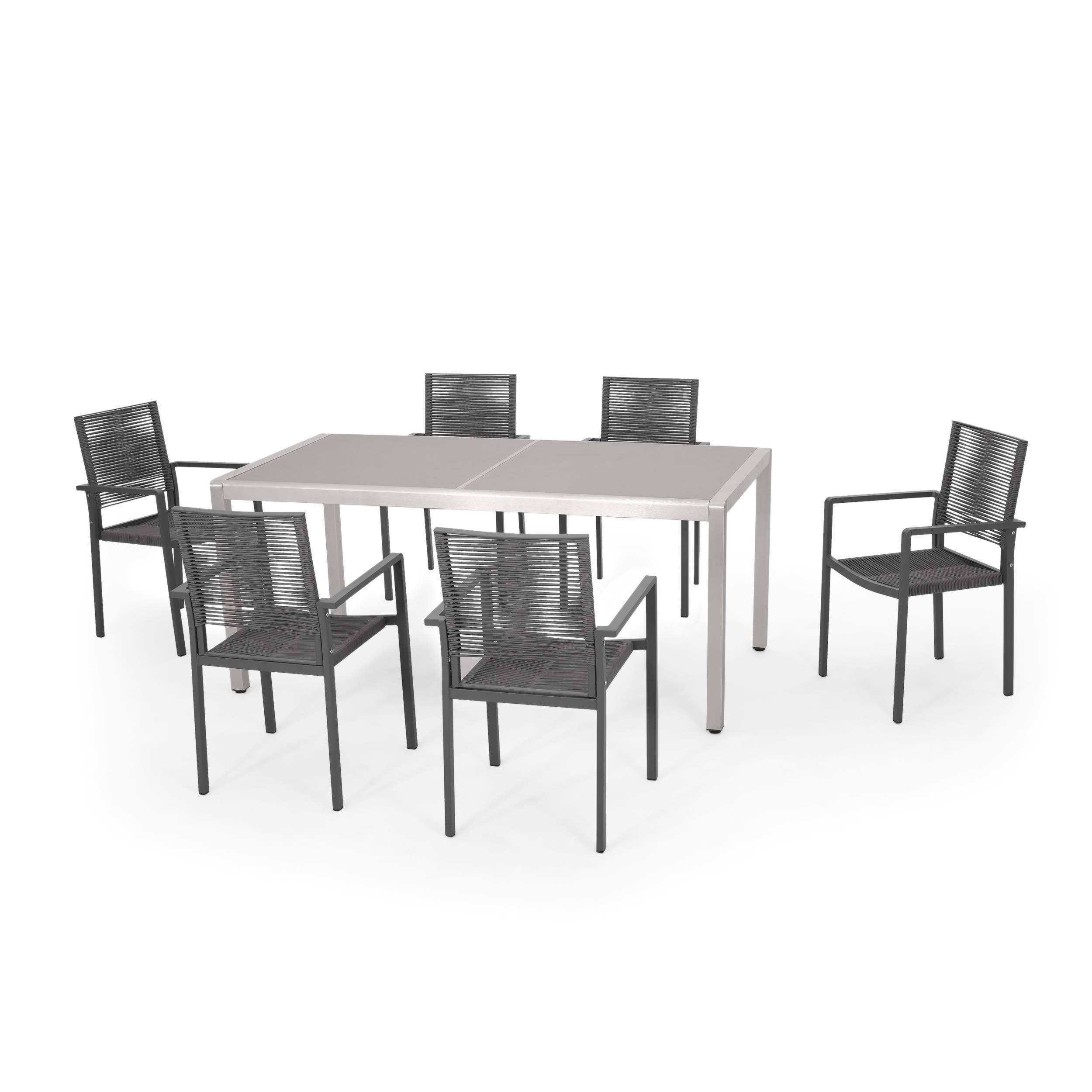 Modern 6-Seater Outdoor Aluminum Dining Set with Tempered Glass Table Top - Gray, Silver & Dark Gray | Weather-Resistant Patio Furniture for Backyard, Garden & Poolside Dining | GDFStudio