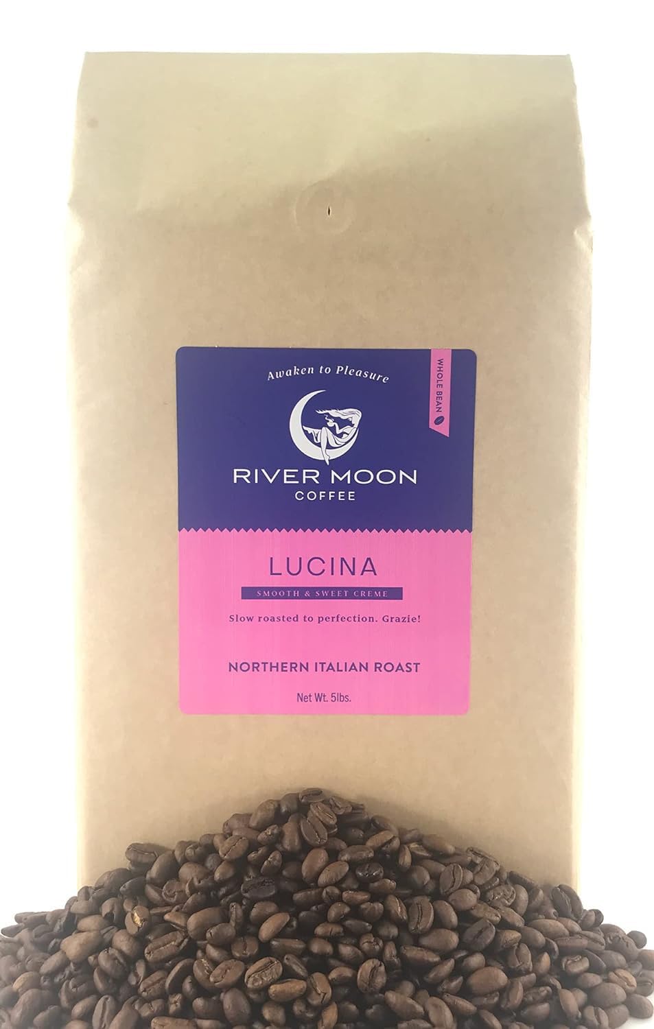 River Moon Coffee - Italian Style Medium Roast Espresso Beans, 5 lb Bag, Non-GMO, Direct Trade, 100% Arabica, Lucina Blend - Perfect for Home Brewing, Cafes & Gifts