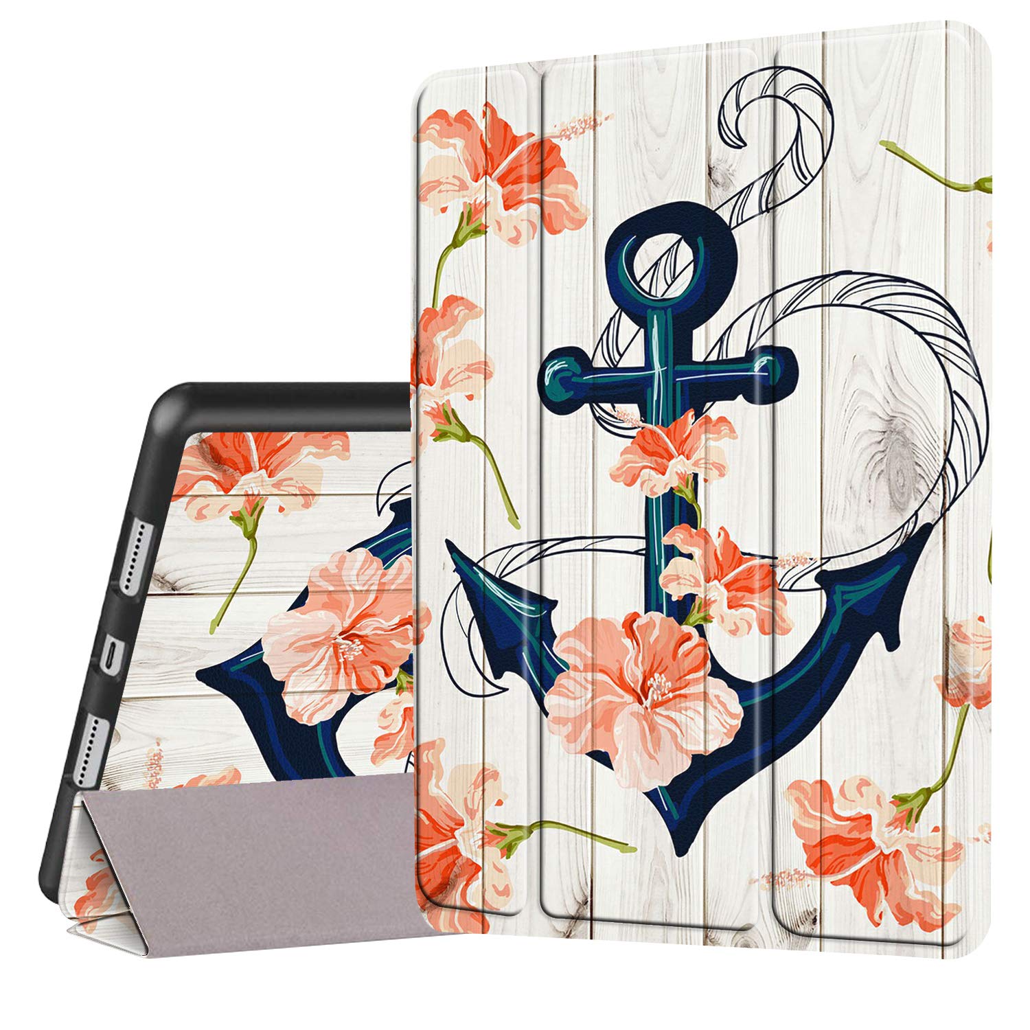 Skyfree Adjustable Stand Smart Case for iPad Air 9.7 (5th/6th Gen) & iPad 9.7 2017 - Auto Wake/Sleep Cover with Pencil Holder & Anchor Wood Flower Design - Perfect for Work, Study, and Travel