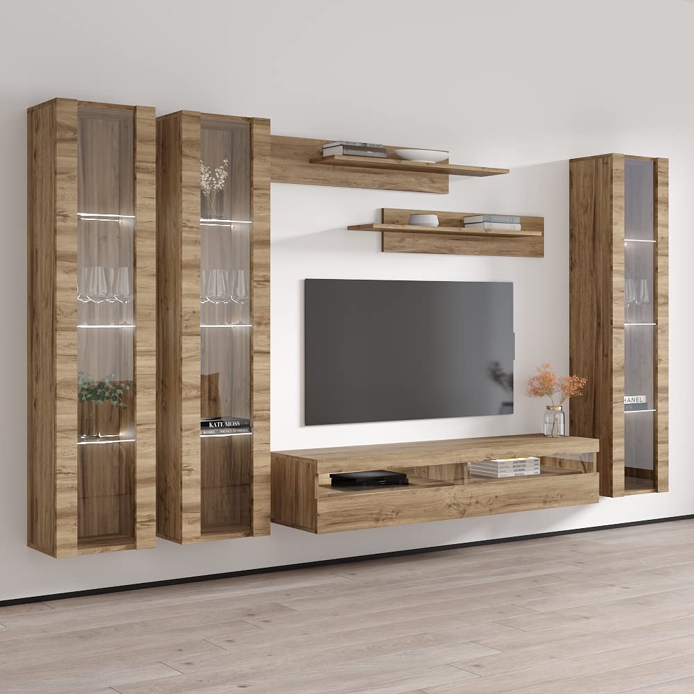 Modern Floating TV Stand with Storage & LED Lights - Wall-Mounted Entertainment Center for Bedroom & Living Room - Oak Wood TV Console with Shelves - Perfect for Small Spaces & Home Theater Setup