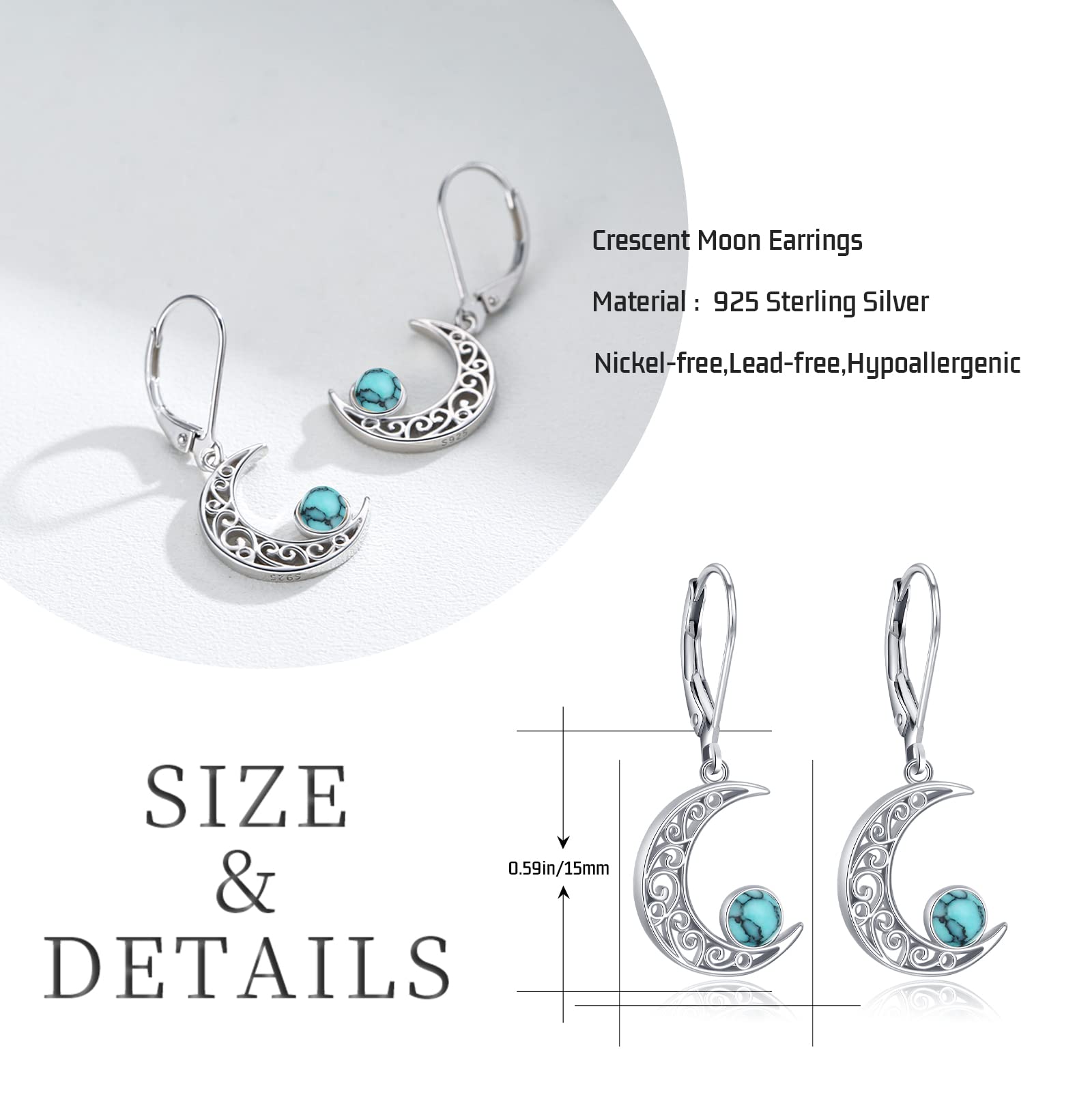 Celtic Moon Earrings for Women - 925 Sterling Silver Opal, Moss Agate & Turquoise Dangle Earrings | Hypoallergenic Star and Moon Jewelry | Perfect Gift for Birthday, Anniversary & Boho Fashion Accessories