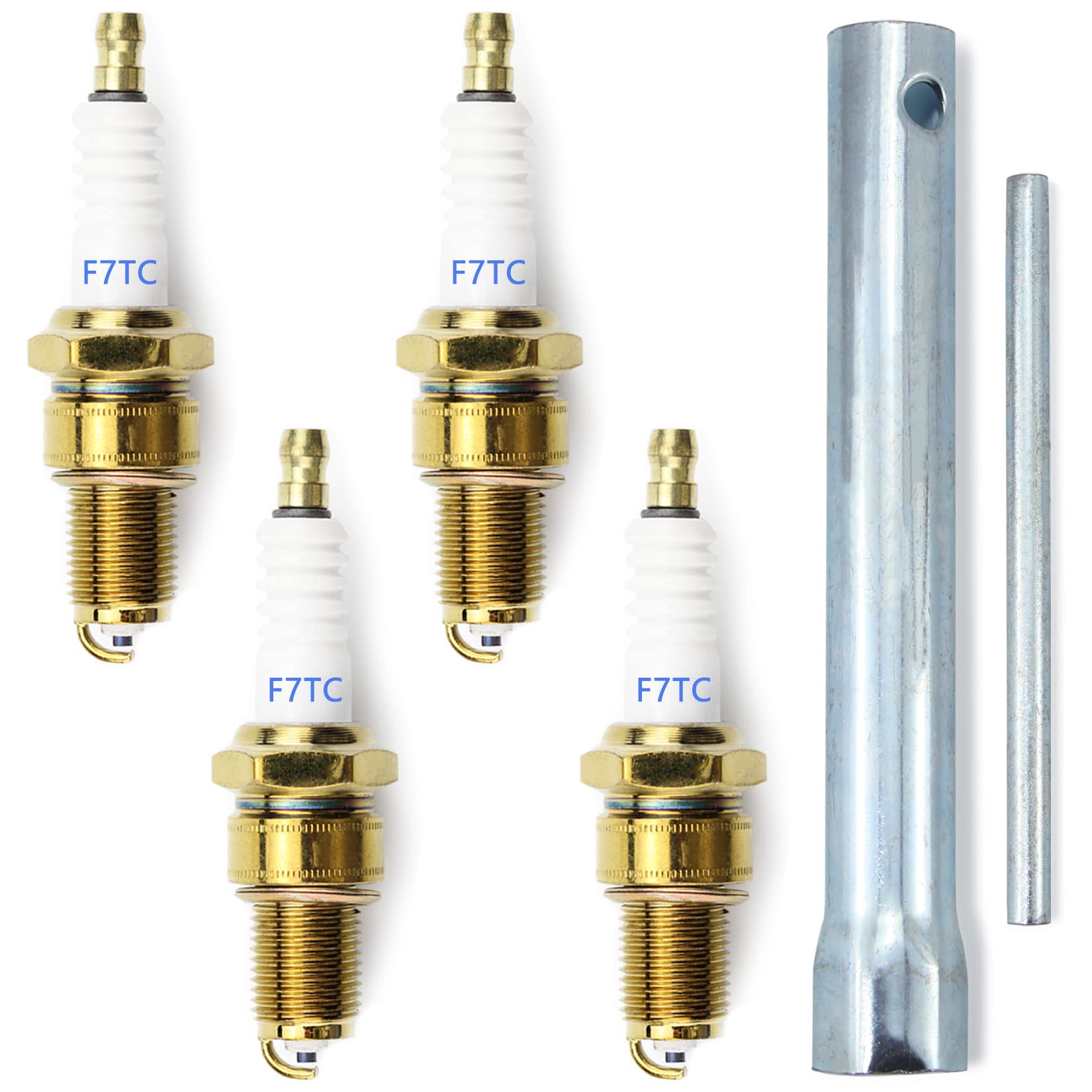 4pcs F7TC Spark Plugs Compatible with GX120 GX160 GX200 GX240 GX270 GX340 GX390 Engines - Includes Wrench - Ideal for 4-Stroke Generators, Lawn Mowers, Chainsaws, Tractors, Water Pumps, Rototillers, Go Karts & Mini Bikes