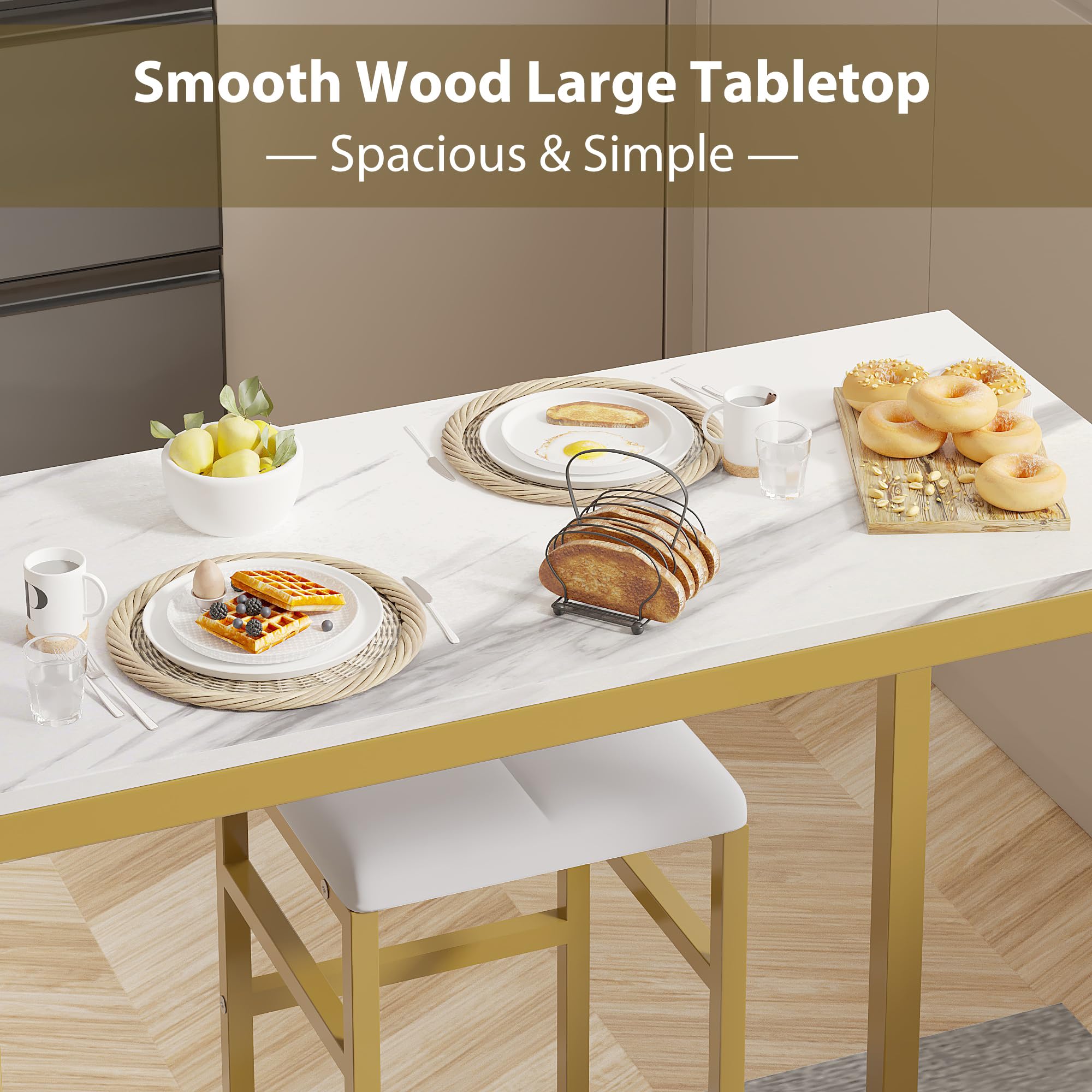 VECELO 3-Piece Bar Table and Chairs Set with Storage Shelves, Cup Holder & Wine Rack - PU Leather Cushion Stools for Small Space Kitchen, Gold - Perfect for Breakfast Nook, Apartment Balcony or Compact Dining Area