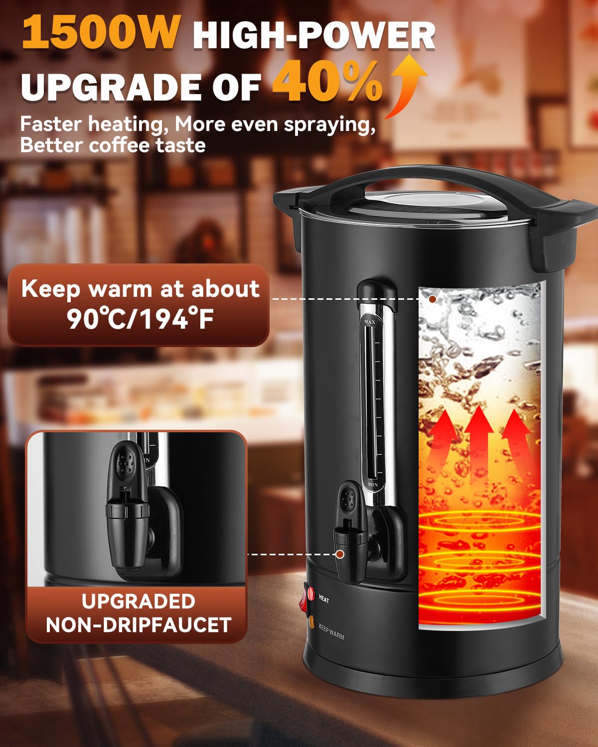 80 Cup Commercial Coffee Urn with Percolator - 1500W High Power Fast Brewing, Auto Temperature Control Stainless Steel Hot Beverage Dispenser - Perfect for Events, Catering, Offices & Large Gatherings