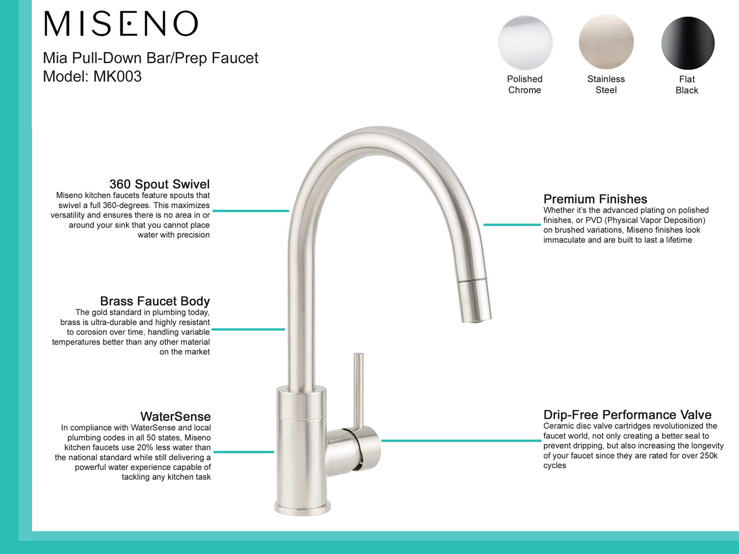 Miseno MNO003DSSP Commercial Grade Bar Faucet - PVD Stainless Steel Finish, High Arc Spout for Restaurants, Bars & Home Wet Bars - Durable & Corrosion Resistant