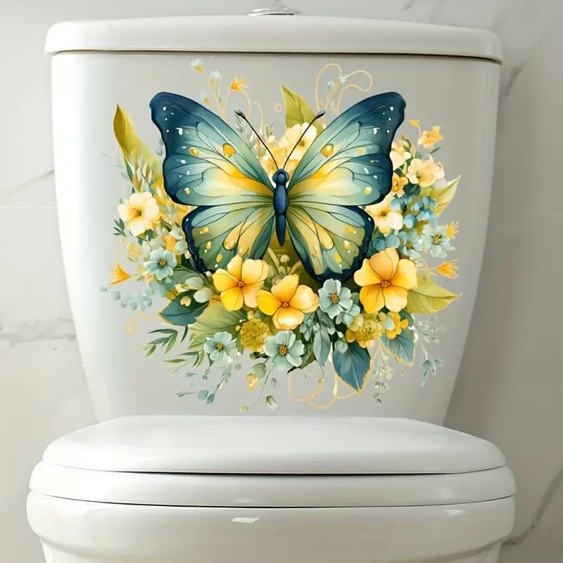 Waterproof Self-Adhesive Butterfly Toilet Decals - Spring Flower Leaf Design for Toilet Lid, Tank & Bathroom Wall Stickers | Perfect for Home Decor, DIY Bathroom Makeover & Vintage Style Renovation