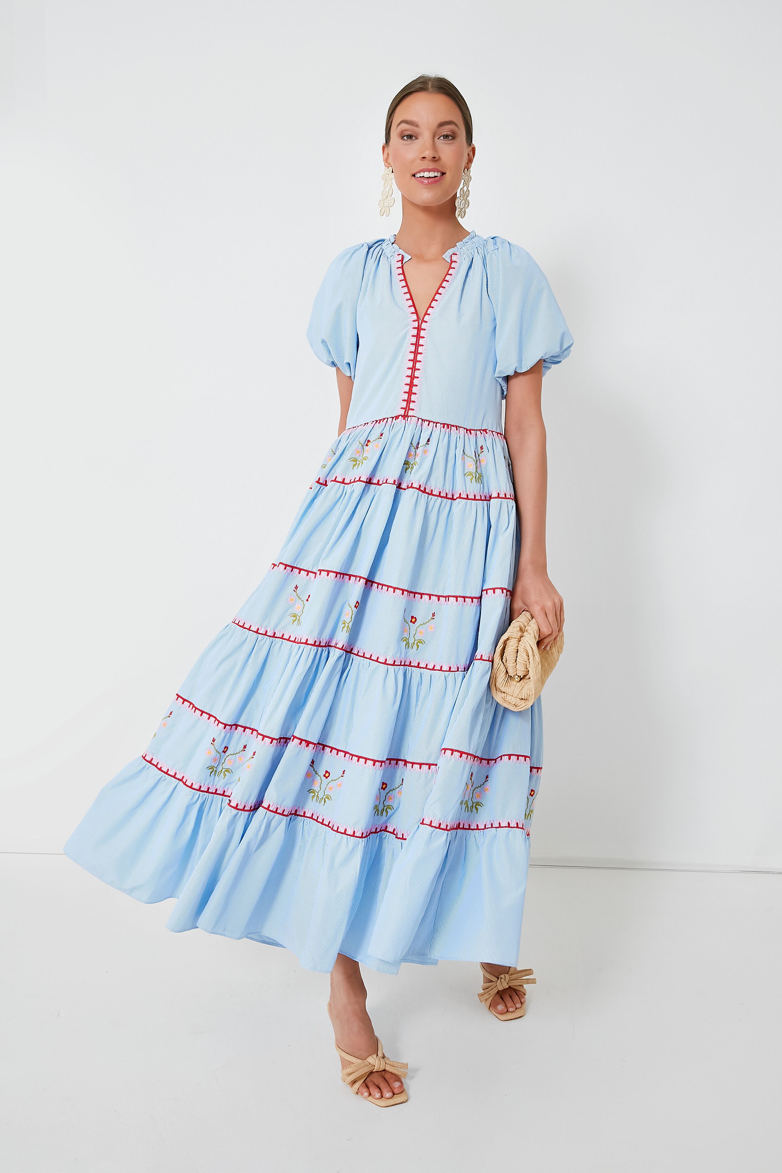 Blue Pinstripe Embroidered V-Neck Lillian Maxi Dress for Women | Elegant Floral Embroidered Summer Dress for Weddings, Parties & Beach Vacations