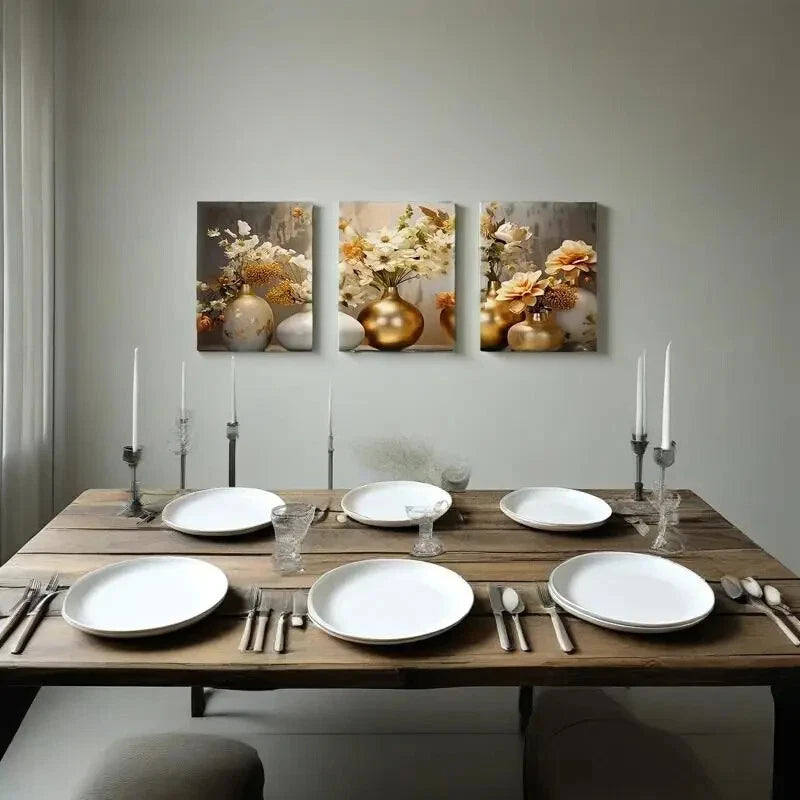 3-Piece Golden and White Flowers Metal Wall Art - Ready to Hang Canvas Painting for Living Room, Bedroom & Office Decor