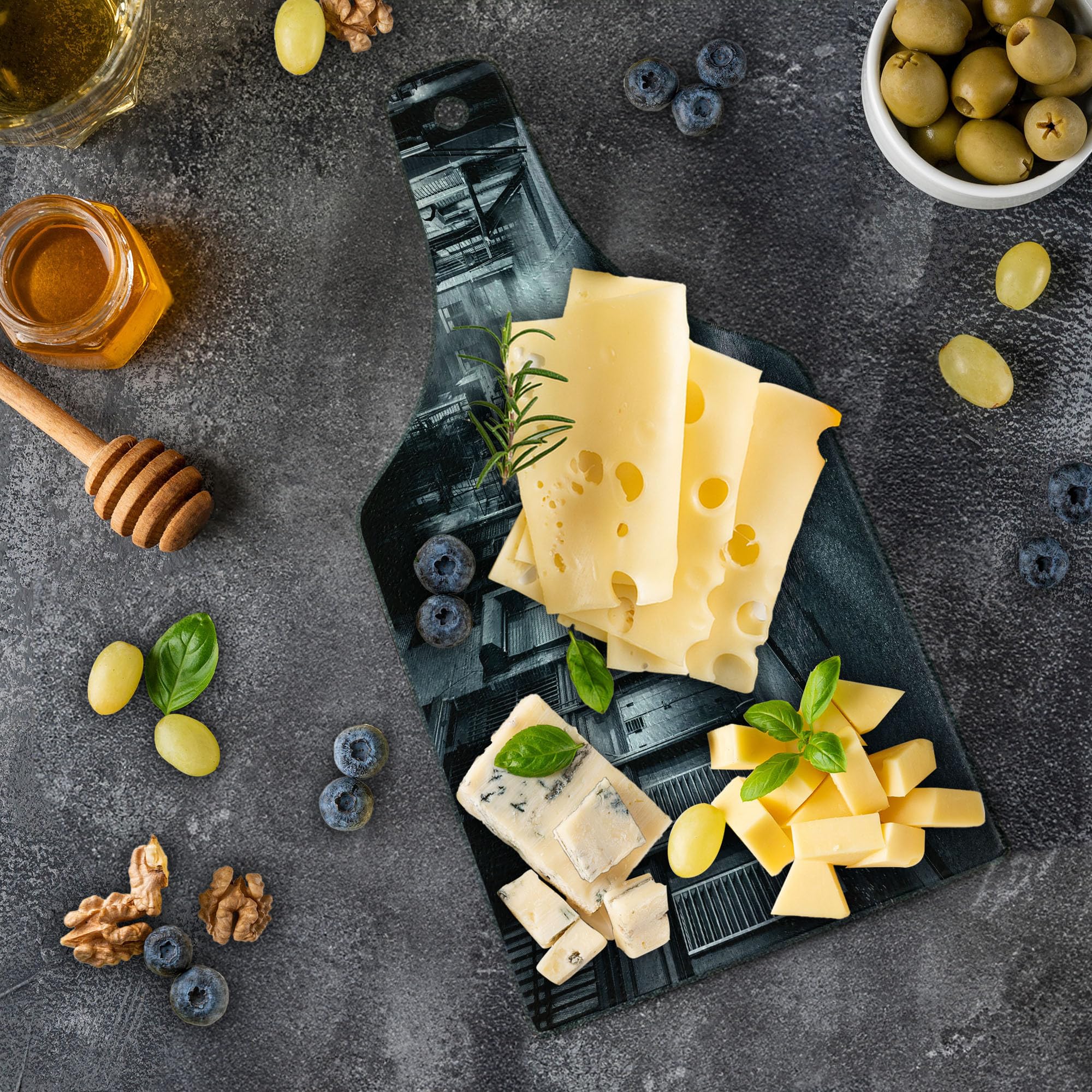 Ambesonne Black and White Wine Bottle Shaped Tempered Glass Cutting Board - Moody Monochrome Cortlandt Alley NYC Chinatown Urban Scenery - Decorative Serving Board for Cheese, Charcuterie & Wine Pairing - Perfect for Dinner Parties, Gifts & Kitchen Decor