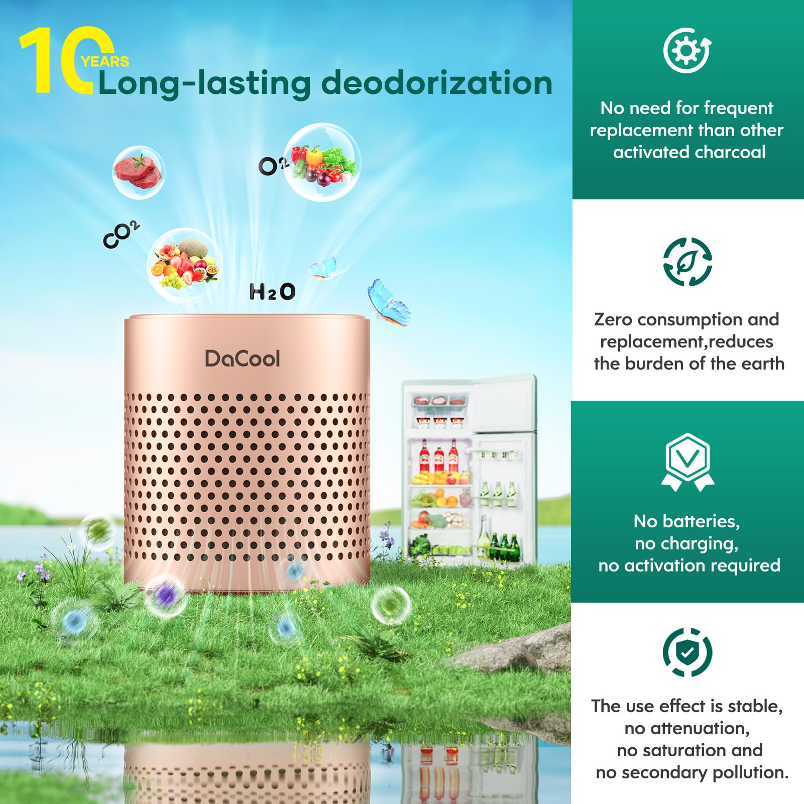 10-Year Lasting Refrigerator Deodorizer & Odor Eliminator - Travel Size Air Purifier, More Effective Than Baking Soda & Bamboo Charcoal (Rose Gold) | Ideal for Home, Office, Travel & Small Spaces