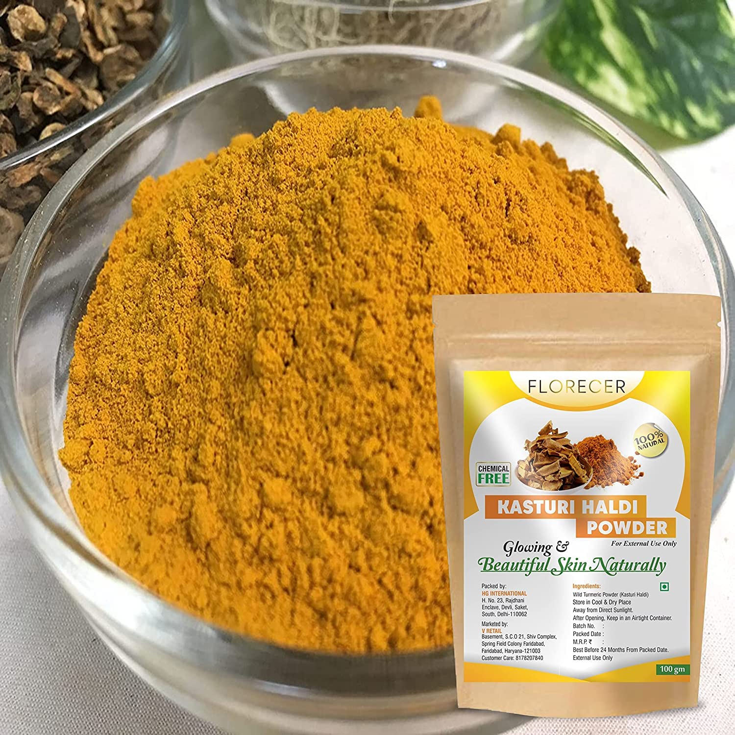 Florecer Kasturi Haldi Powder for Face Beauty - Pure Kasturi Manjal Turmeric Powder (Pack of 2) - Natural Skin Brightening & Acne Treatment for Glowing Complexion