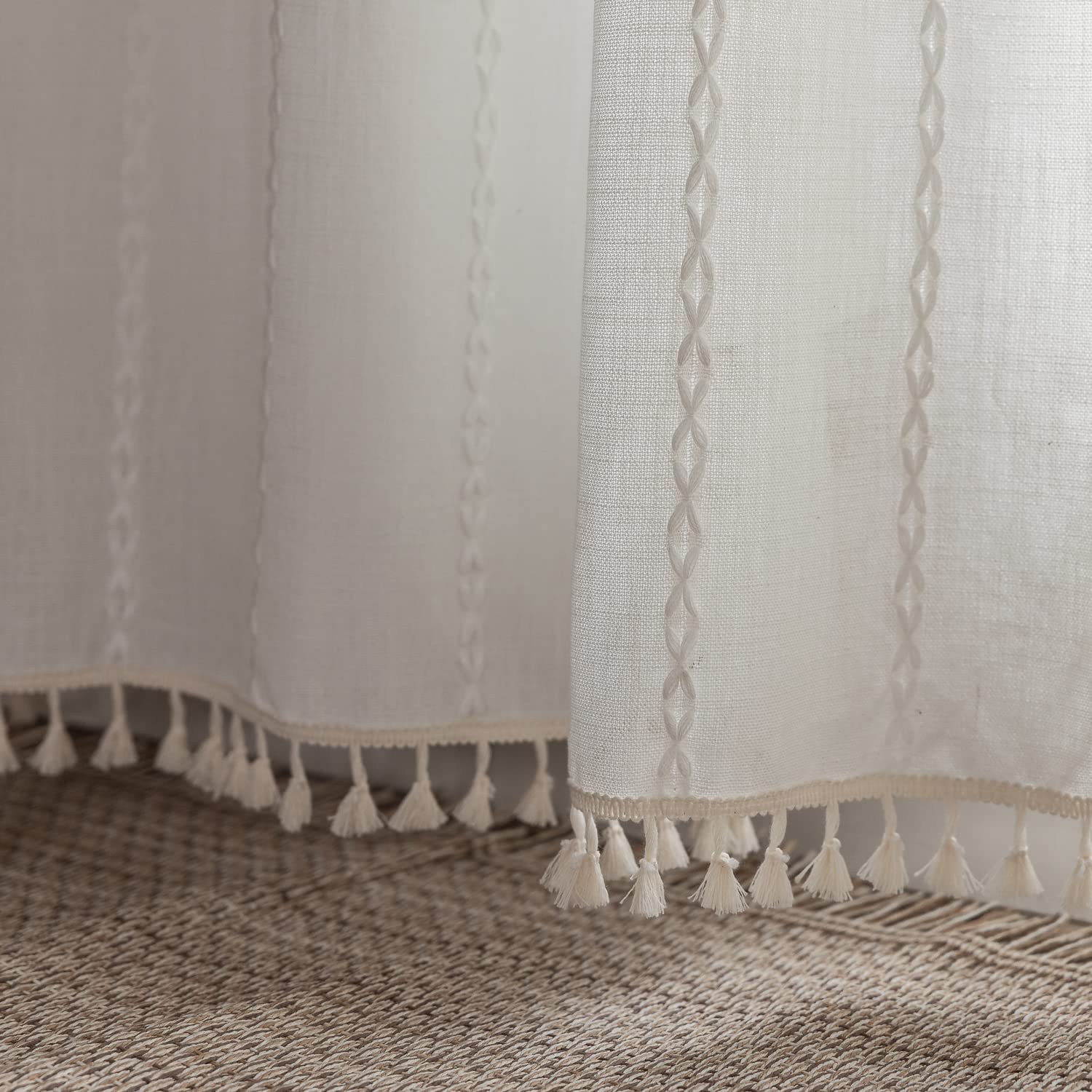 Boho Semi Blackout Window Curtains Set of 2 Panels - 63/84/96 Inch Length, Farmhouse Style with Tassels & Striped Embroidery, Rustic Cotton Linen Blend for Living Room & Bedroom | Perfect for Sun Protection, Privacy & Bohemian Home Decor